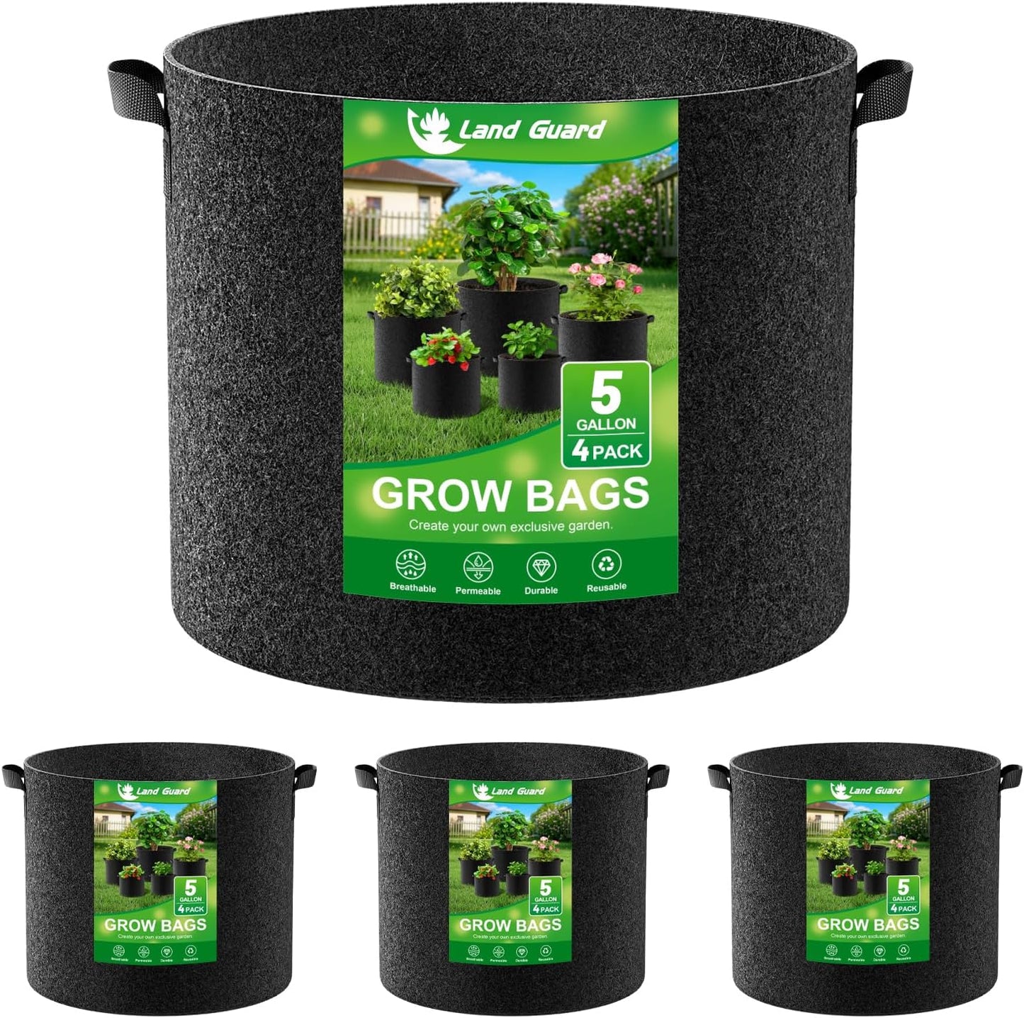Land Guard 4-Pack Fabric Grow Bags 5 Gallon, Thickened Nonwoven Garden Pots, Growing Bags with Handles, Black