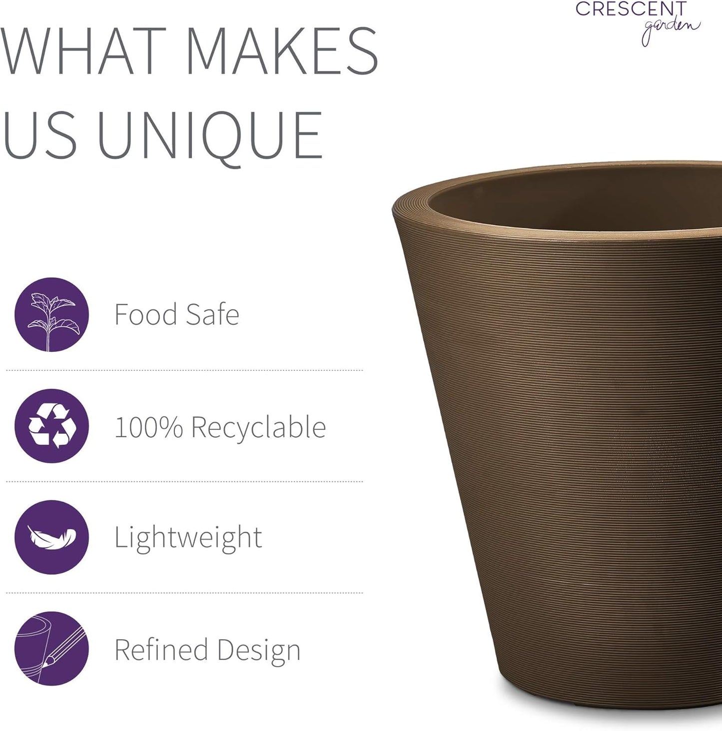 Crescent Garden Madison Planter– Weather-Resistant, Double Walled Indoor/Outdoor Plant Pot with Drain Hole – Durable All-Season Flower Container, 14" W (Mocha)