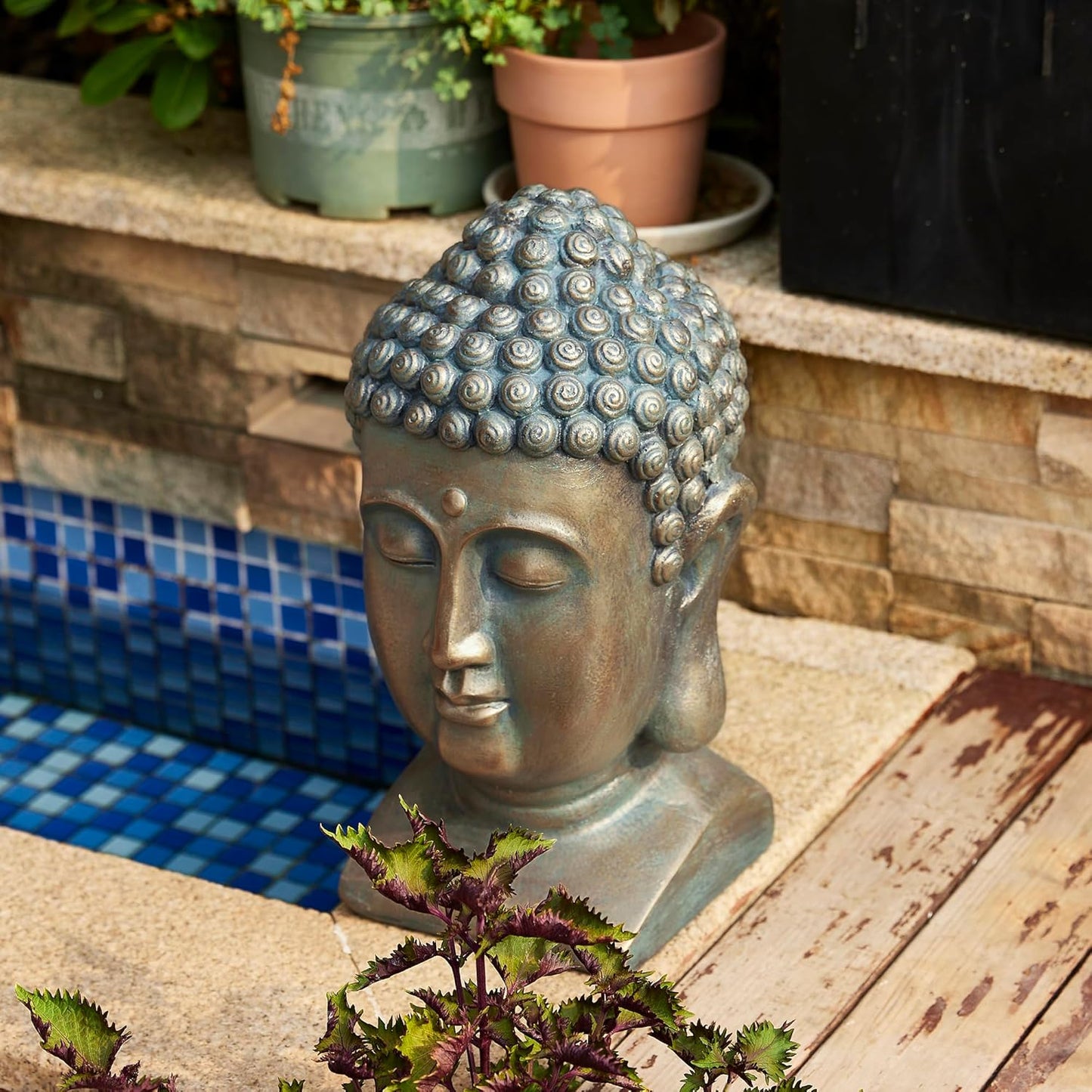 Glitzhome MGO Faux Bronze Buddha Head Garden Statue Indoor and Outdoor Sculpture Decoration, 16" H