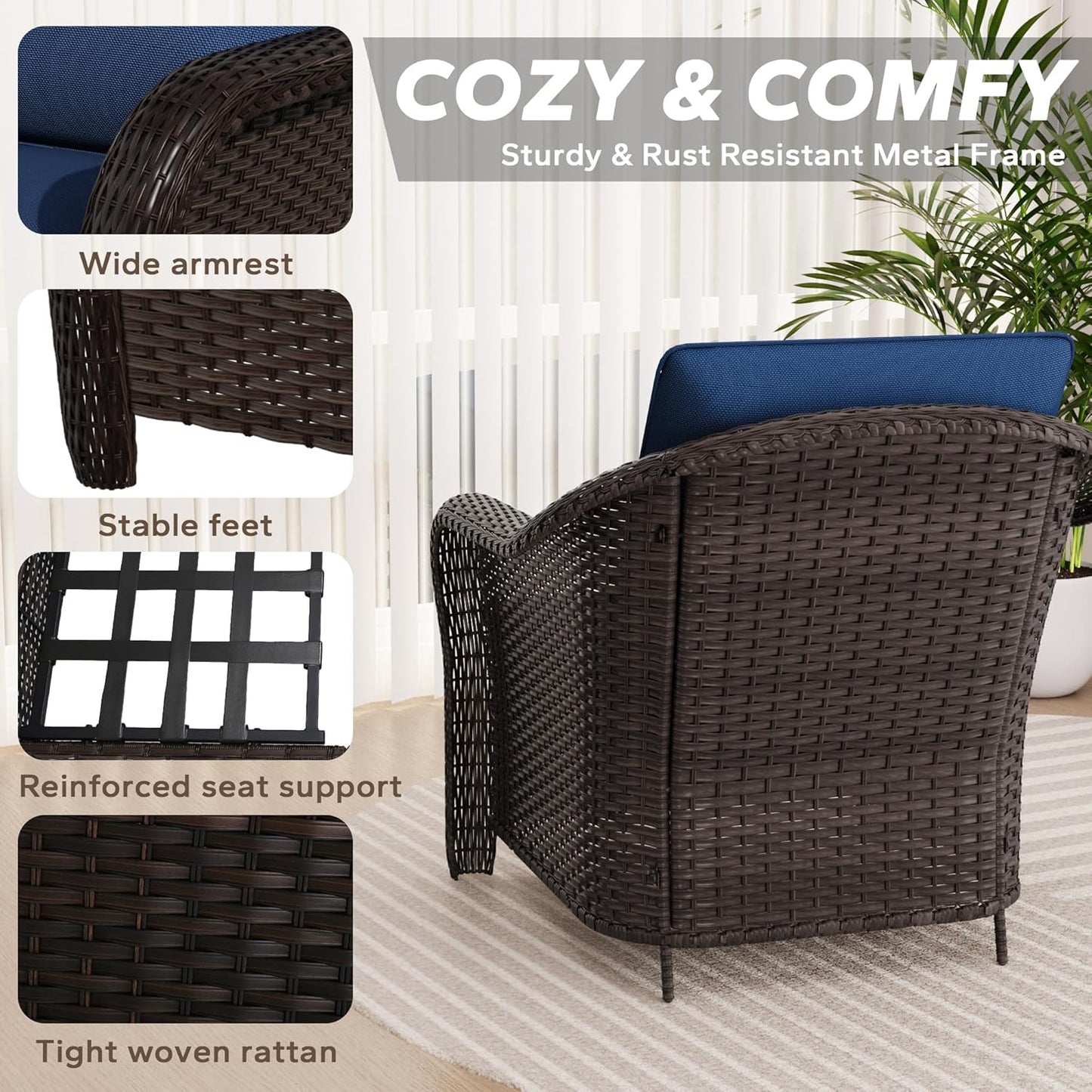 Patio PE Rattan Chairs Set of 2, All-Weather & Steel Frame Outdoor Conversation Furniture Set with Washable Cushions for Garden, Bistro, Deck, Yard (Navy Blue)