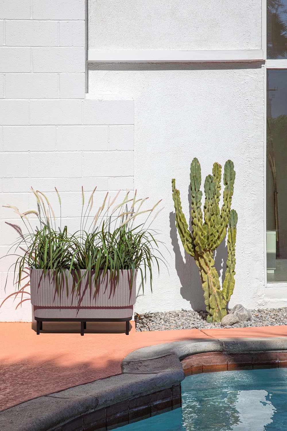 Veradek Demi Series Raised Long Planter for Indoor/Outdoor Use | Made from Plastic & Stone w/Wooden Stand | Modern Patio Décor for Flowers/Shrubs