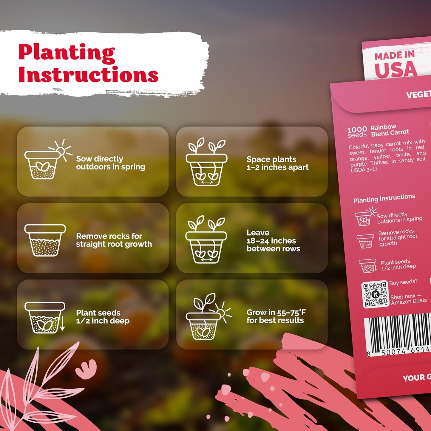 KVITER 1,000 Rainbow Carrot Seeds (Daucus Carota) - Baby Carrots Mix, Sweet & Tender Taste - Heirloom & Organic Carrots Seeds for Planting in Vegetable Garden, Raised Beds & Containers