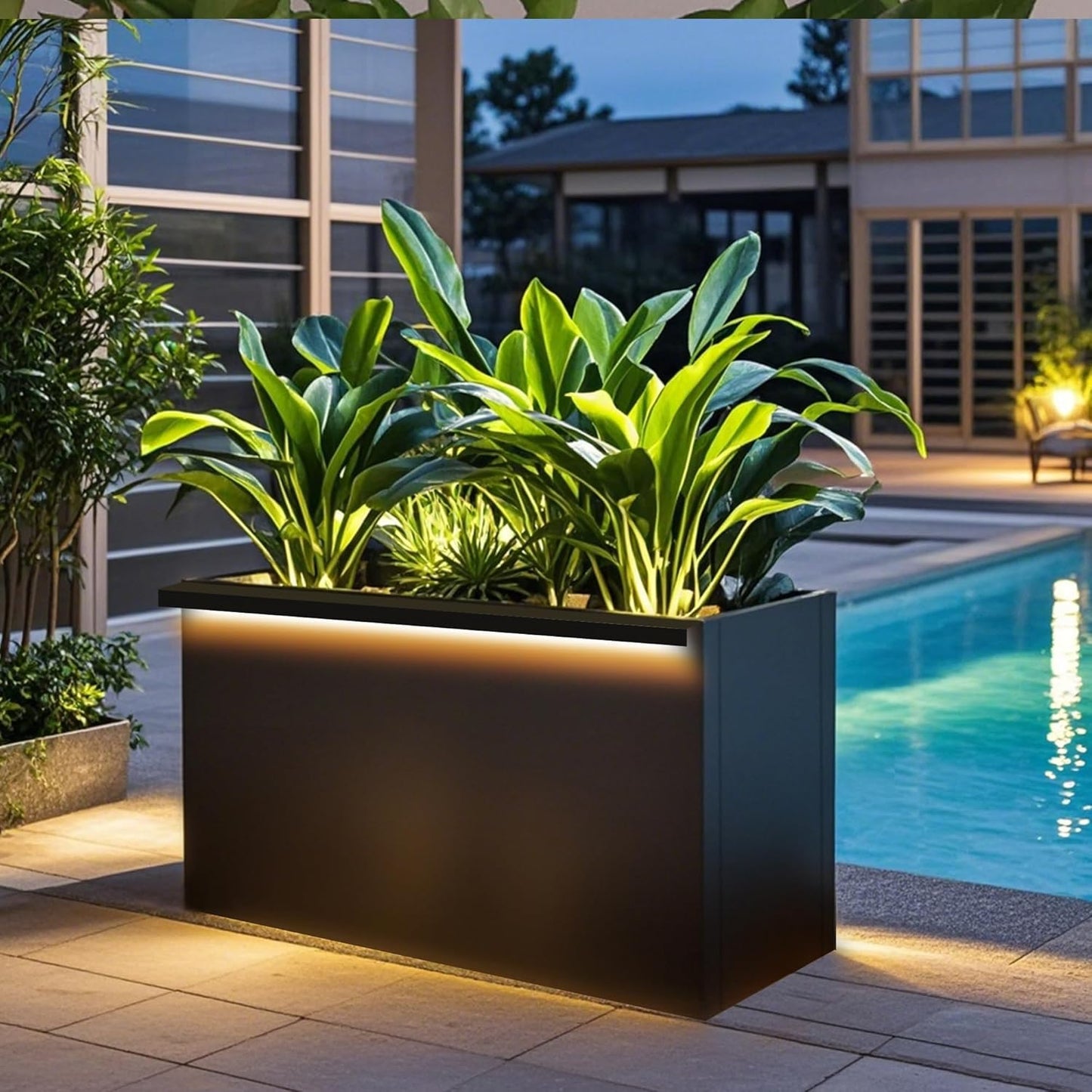 GSK 30" L Black LED Metal Planter Flower Box Vibe LED Lighting Strips ×2 Galvanized Steel Trough Shelf Grow Drainage Holes Indoor Space Rectangular Outdoor Patio Garden Decor Plant Herbs Houseplants