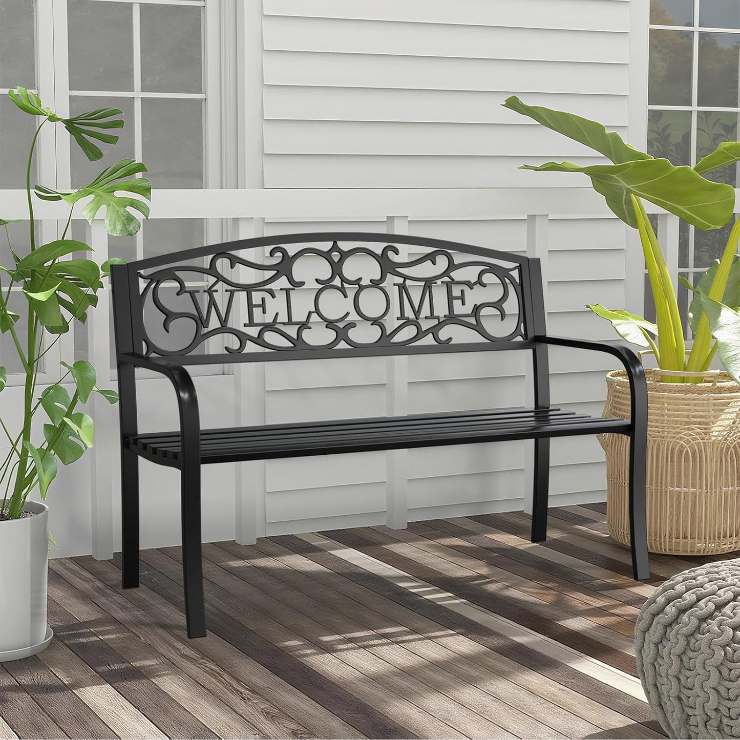 50" Heavy Duty Outdoor Bench, Wrought Iron Weatherproof Garden Bench Black Metal Patio Bench for Park Proch Yard 880lbs