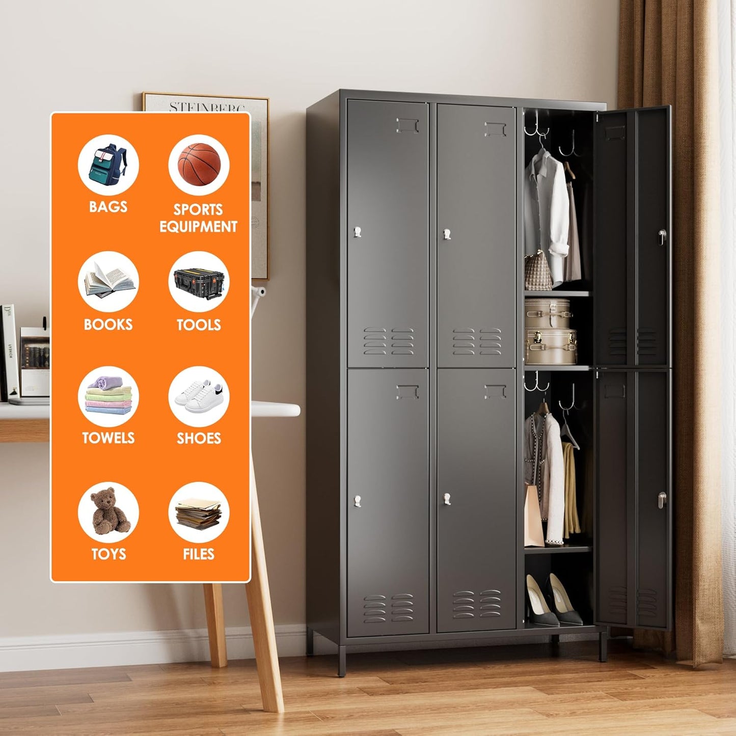 METAN Metal Locker for School Office Gym Bedroom,6 Doors Steel Storage Lockers Cabinet for Employees,Industrial Storage with 1 Shelf,Assembly Required,Black