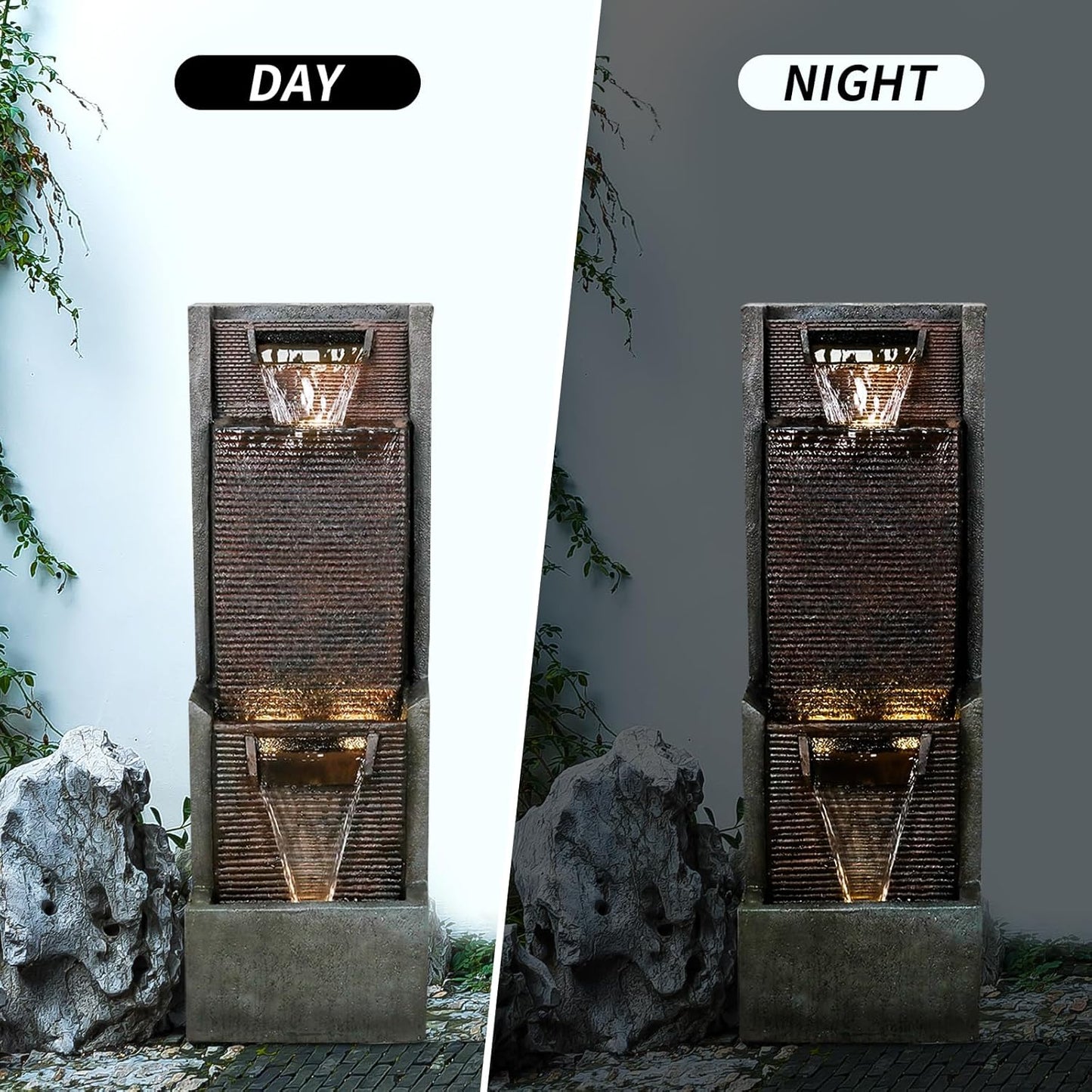 Outdoor Garden Waterfalls Fountains with Led Lights Water Fountain Outdoor/Indoor Resin Fountain for Patio Decor Garden, House, Office, Garden, Home Art Decor