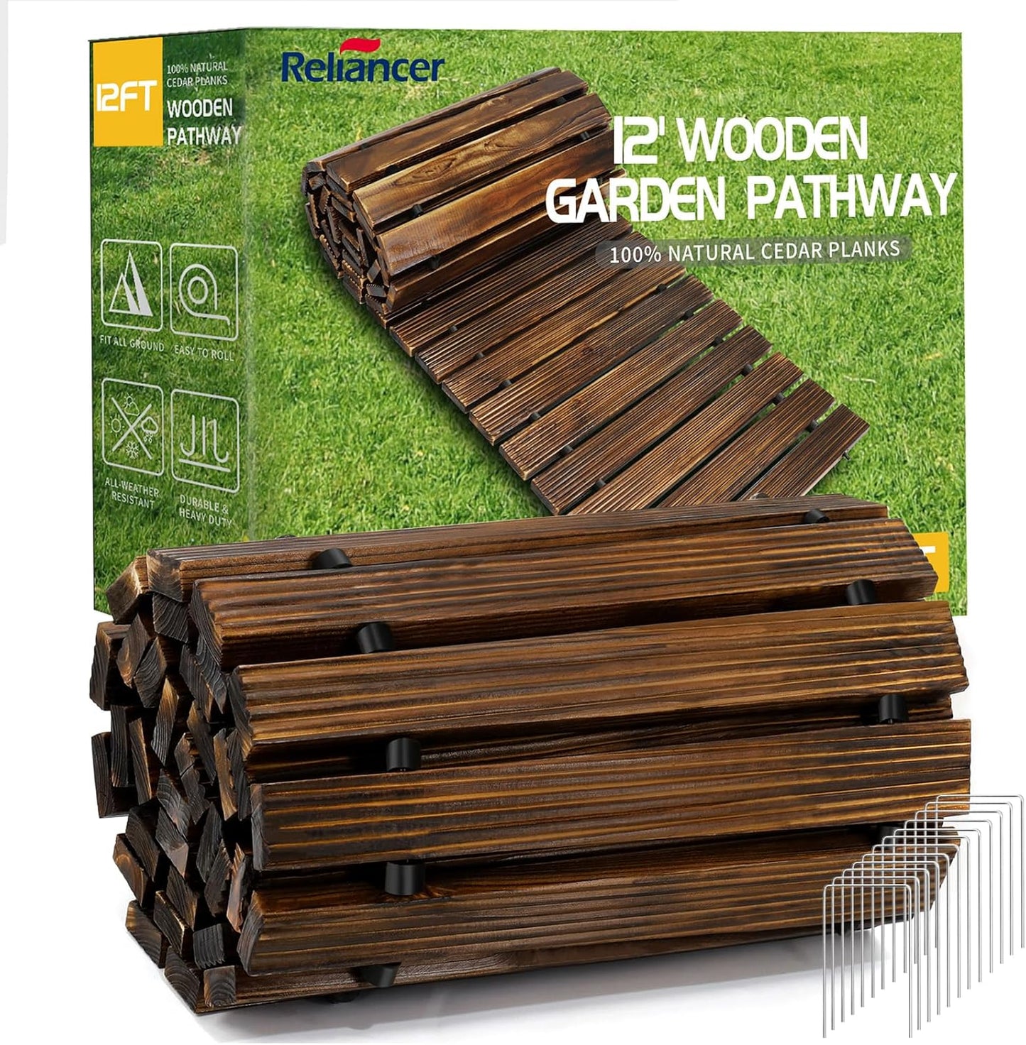 RELIANCER 12' Wooden Garden Pathway,Outdoor Roll Out Cedar Straight Walkway,Patio Path Decorative Garden Boardwalk Walkways,Weather-Resistant Roll Up Beach Wood Road Floor,Wedding Party Pathwaysc