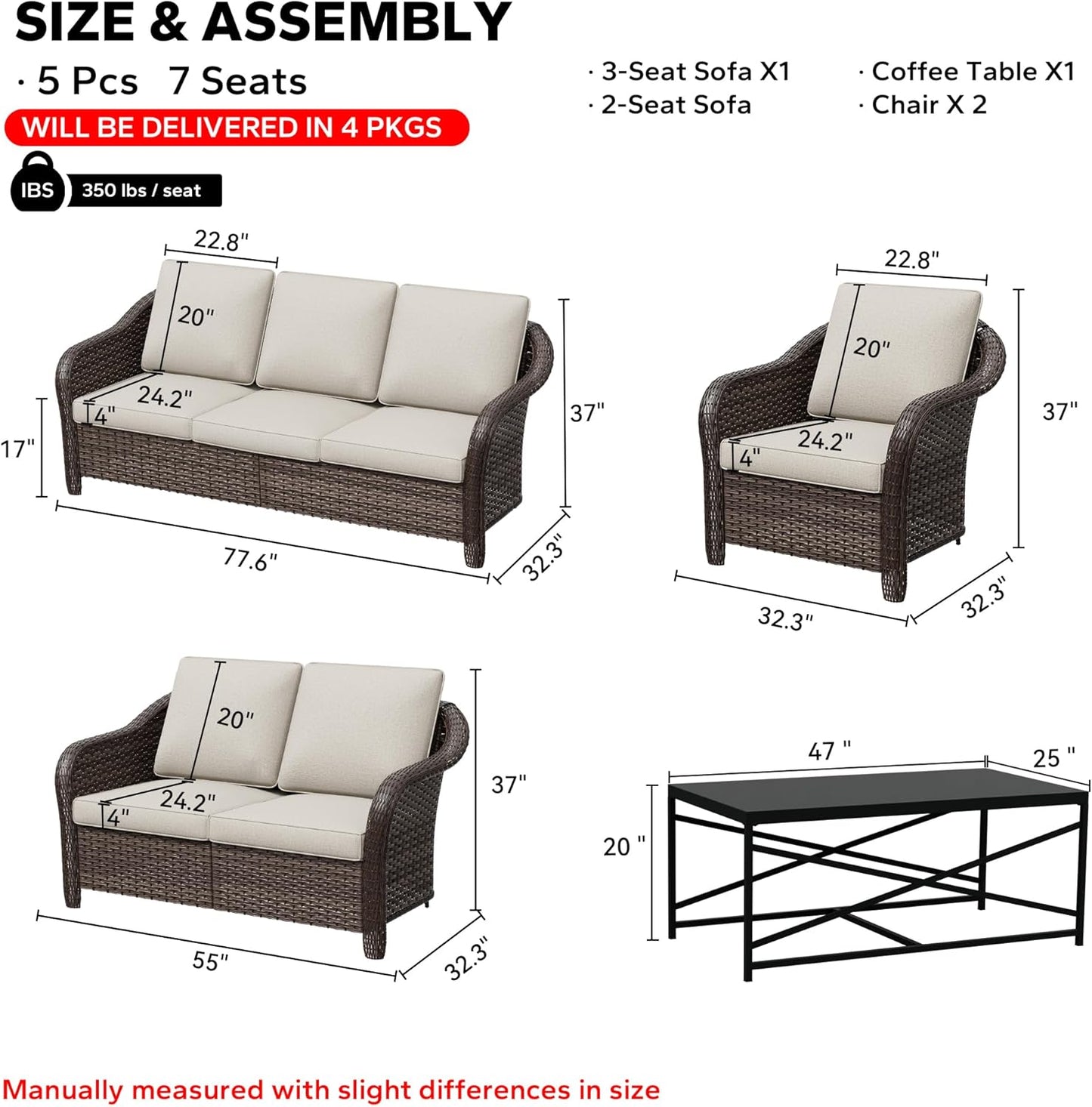 5 Pieces Outdoor Patio Rattan Conversation Furniture Set with Cushions, 78" 3-Seat Wicker Sofa, 55" 2-Seat Couch, 2 Armchairs, Metal Coffee Table for Garden (Beige)
