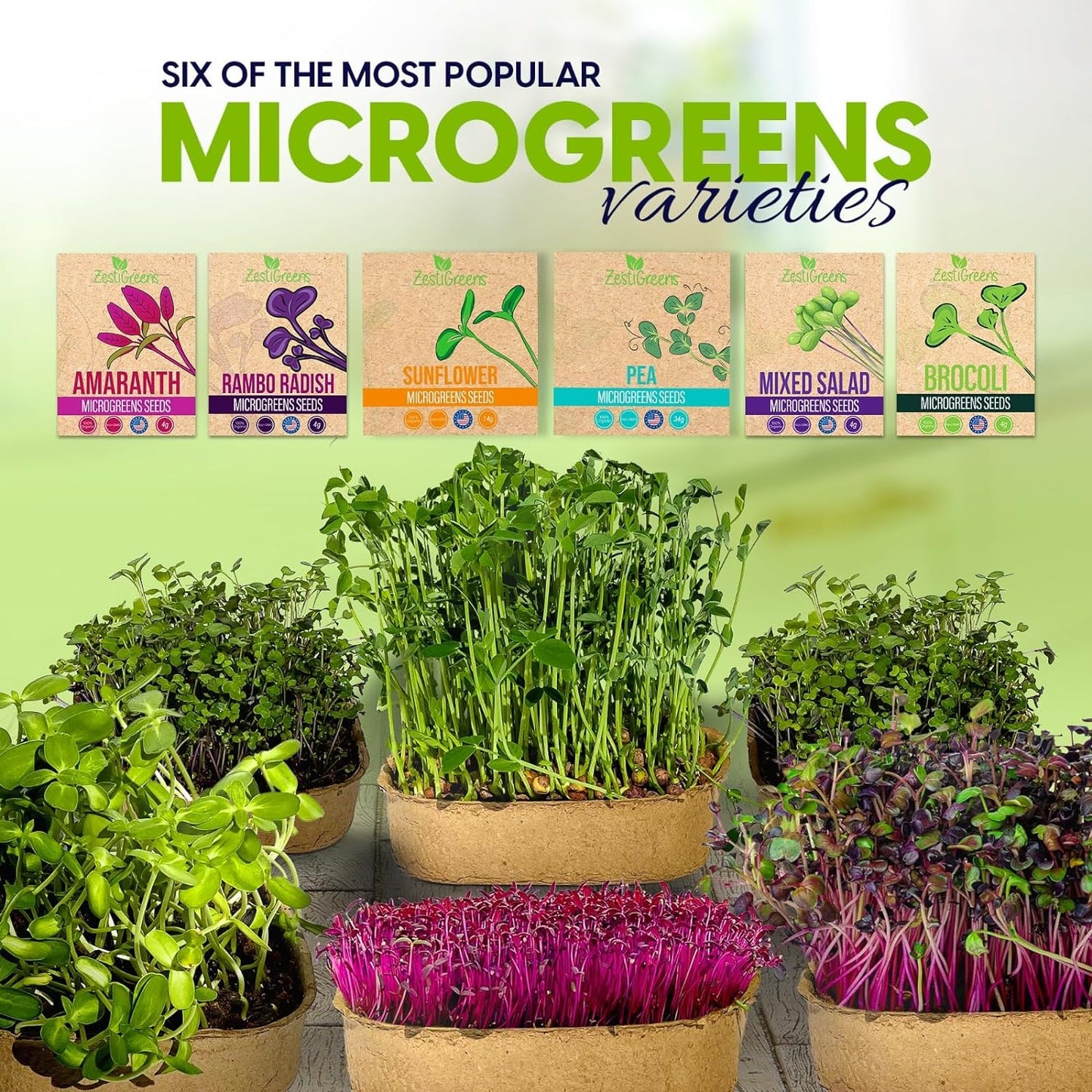 Complete Microgreens Growing Kit with 6 of The Most Popular Seed Varietes to Grow Nutritious Microgreens at Home.