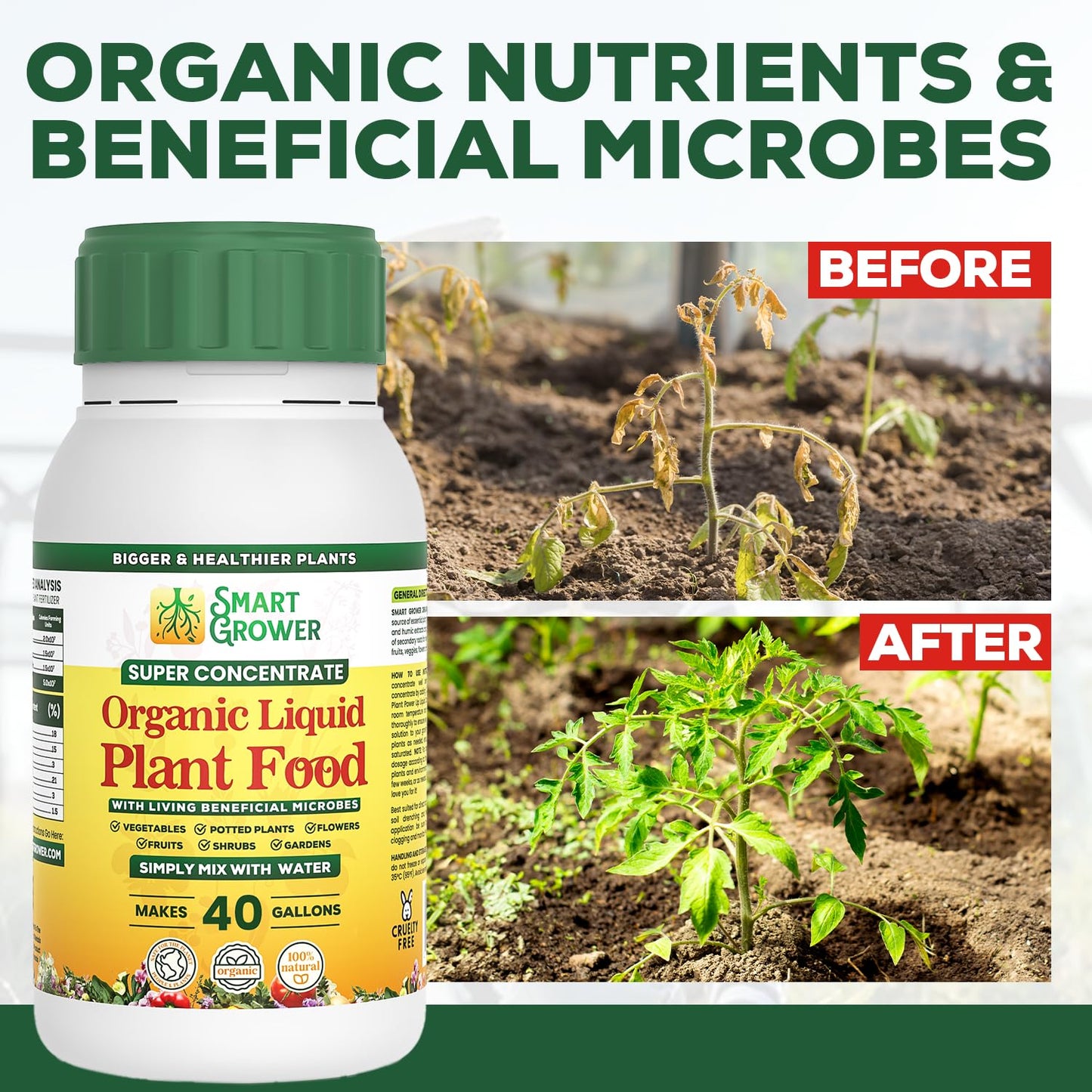 Organic Liquid Plant Food for Indoor Plants & Gardens, Natural NPK Fertilizer w/Beneficial Microbes, Rapid Results, Vegan, Best Value Super Concentrate, Smart Grower, Makes 40 Gallons (8 Fl Oz)