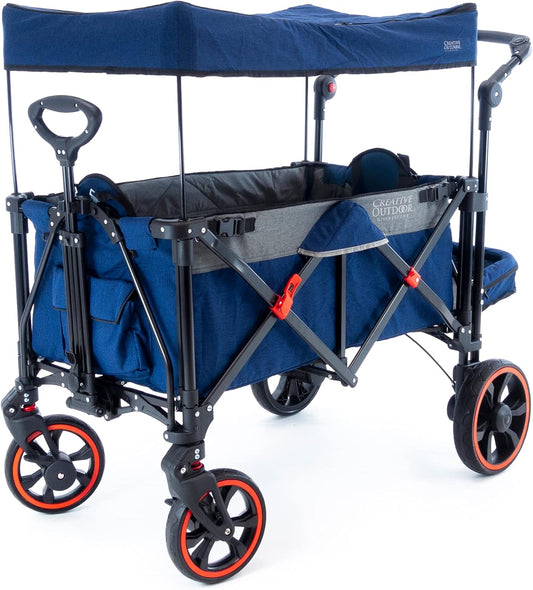 Creative Outdoor Push Pull All-Terrain Collapsible Folding Stroller Wagon for Kids, 150lbs Weight Capacity, Platinum Series, Beach, Park, Garden & Tailgate, (Navy Blue)
