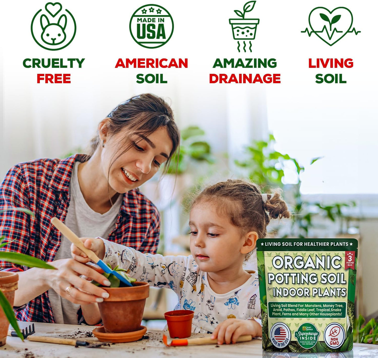 Organic Potting Soil for Indoor Plants. Boost House Plant Growth for Monstera, Fiddle Leaf, Money Tree, Pothos, Snake Plant, Aroid, Flowers, Herbs, Veggies, & More, Smart Grower 3 LB Ready to Plant
