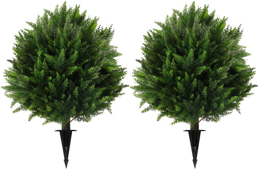 Sunnyglade Set of 2 Artificial Cedar Topiary Ball Trees, Faux Cedar Shrub Bushes with Ground Spike 25.5", UV Resistant Fake Cedar Plants for Indoor, Garden, Yard, Porch, Patio Decor (Green)