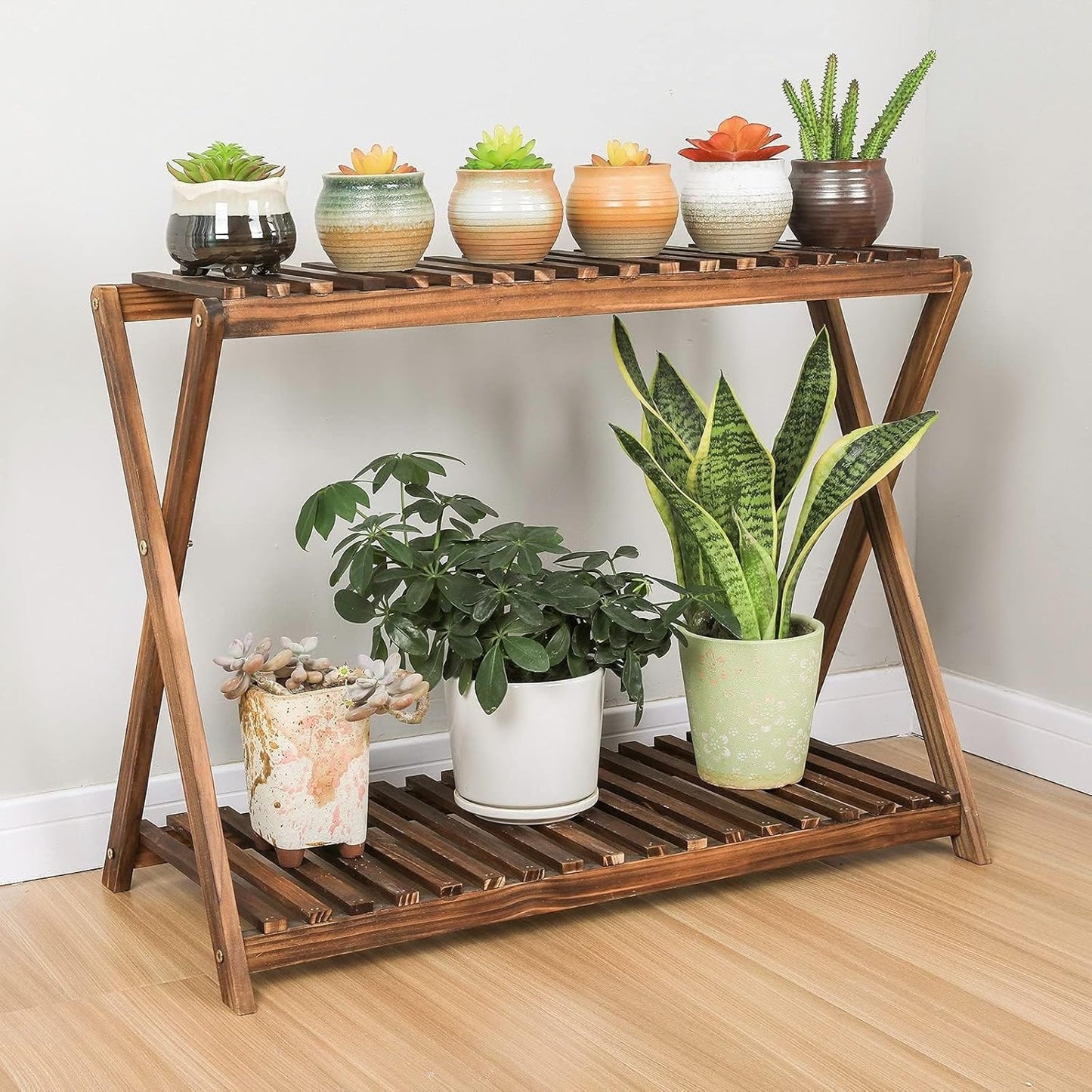 Wooden Plant Stand Indoor 2 Tier Narrow Plant Stand Outdoor Plant Shelf Display Rack Corner Flower Rack Stand for Living Room Garden Patio Balcony (X-Cross Design)