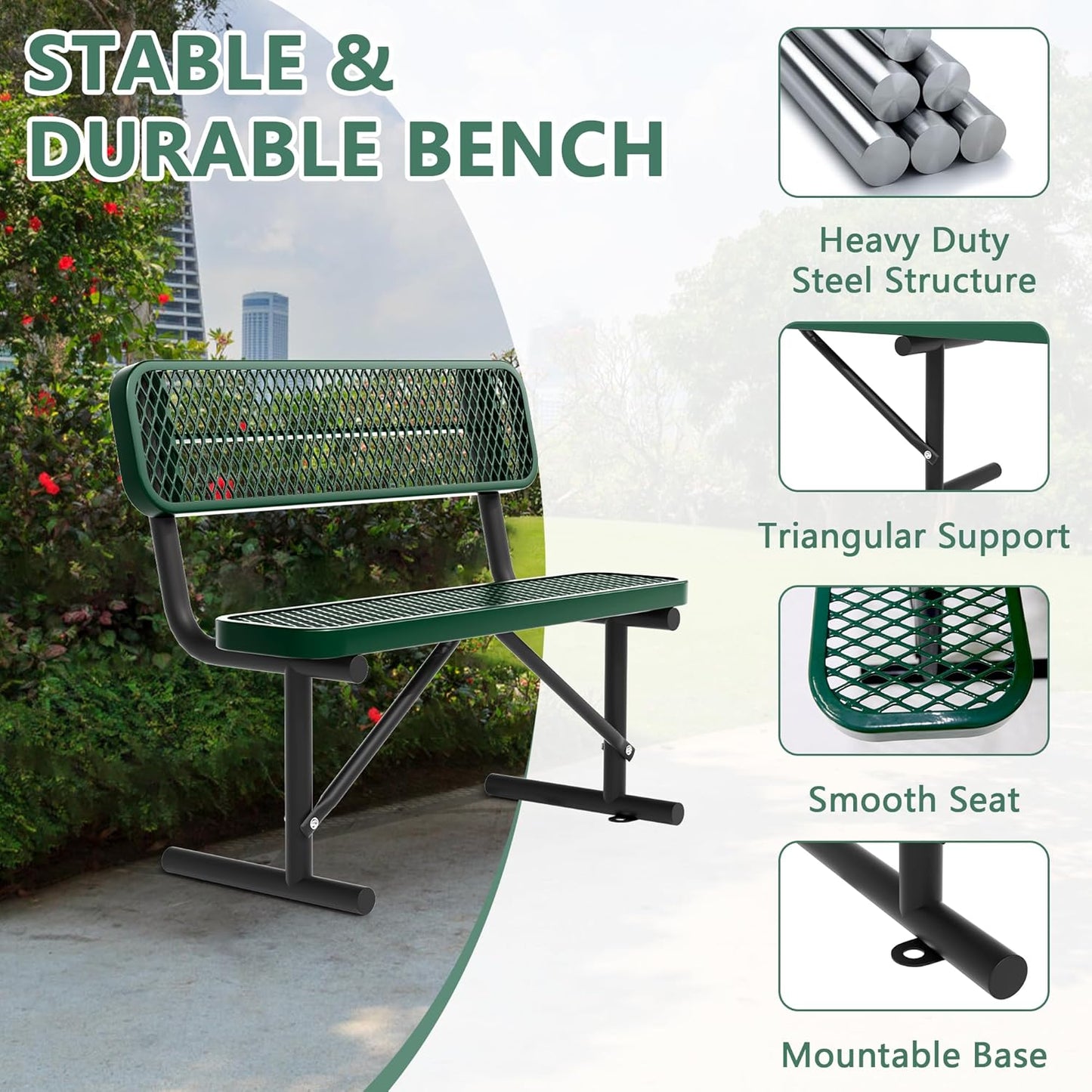 4FT Benches for Outside, Heavy-Duty Portable Outdoor Garden Bench with Back, Metal Park Bench, Commercial-Grade Seating,Industrial Bench Patio Bench Furniture for Beach Yard School Shopping Centers