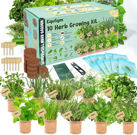 10 Herb Window Garden Kit Indoor - Herb Seeds for Indoor & Outdoor Gardening, Seeds for Planting, Gardening Gift for Kid Mother's Day Women, Complete Herb Growing Kit with Pots, Soil, Basil, Mint
