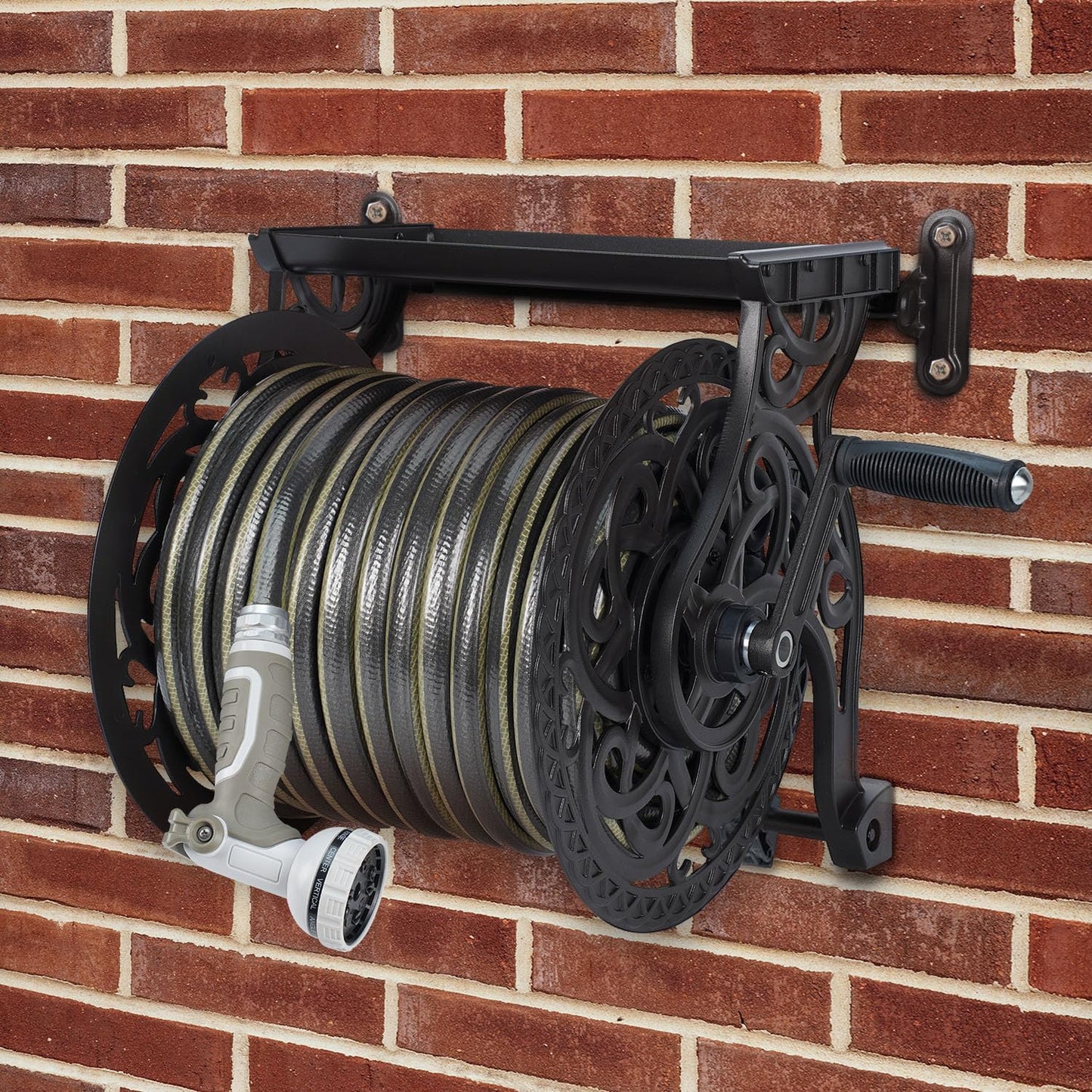 Metal Decorative Garden Hose Reel, Heavy Duty Hose Holder for Outside, Aluminum Frame, No-Leak Aluminum Water System, Easy Assmbly, Wall Mount, Holds 135 ft x 5/8" Hose Storage, Dark Bronze