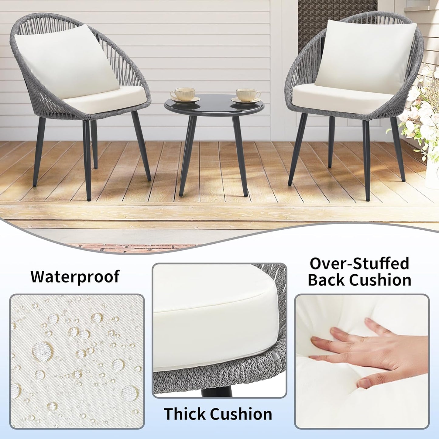 3 Pieces Bistro Set, Woven Rope Chair with Cushions, All Weather Patio Conversation Set and Side Table, Ideal for Deck, Balcony, Poolside, Grey
