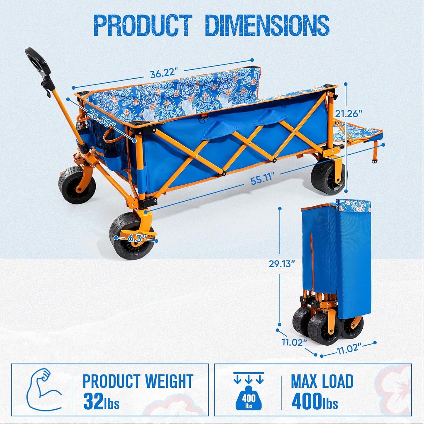 26"W Extra Wide 55"L Extra Long Beach Wagon with Tailgate,Heavy-Duty Utility Cart with 400 lbs Capacity, Compact Fold Design, Ideal for Beach, Camping, Groceries, and Outdoor Adventures