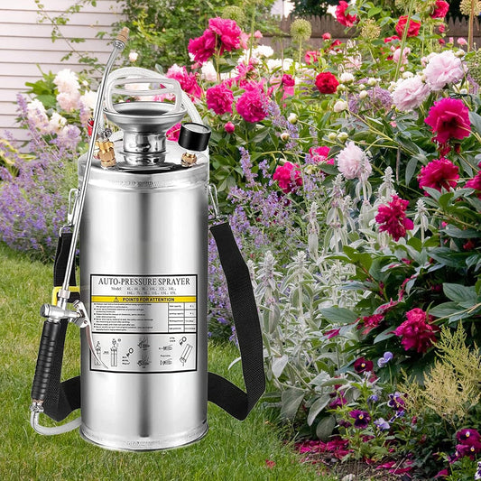 2Gal Stainless Steel Pump Up Sprayer Reinforced Hose, Hand Pump Sprayer with Pressure Gauge&Safety Valve, Adjustable Nozzle Suitable for Gardening (2 Gallon)