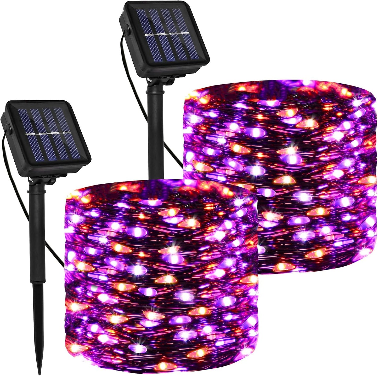 Solar Powered String Lights Outdoor, Purple Orange 2 Pack Total 200 LED 66FT Solar Powered Halloween Decorative Fairy Lights 8 Modes Black Wire for Halloween, Garden, Patio, Party, Yard, Christmas