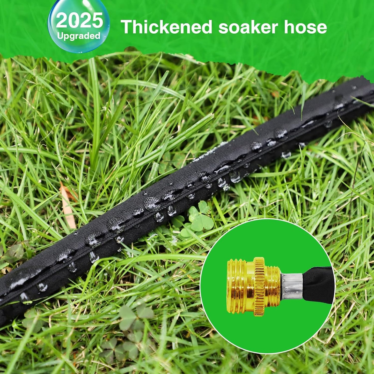 Mixc 2025-Thickened Flat Soaker Hose 200Ft with Copper Joint,Aluminum Seal,1mm Thickened Hose,360°Swival Handle and Inlet,Hole Pressure Relief Gasket,Drip Kit for Vegetable Garden,Lawn,Flower Bed