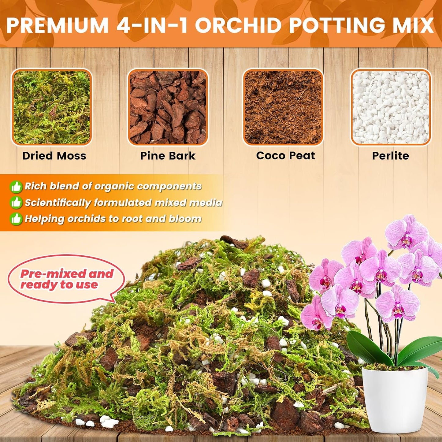 Legigo 2 QT Orchid Potting Mix- Natural Orchid Soil Mix for Repotting with Moss, Pine Bark, Coco Peat and Perlite, Enhanced Drainage Orchid Bark Potting Mix Repotting Kit for Indoor Plant Growth