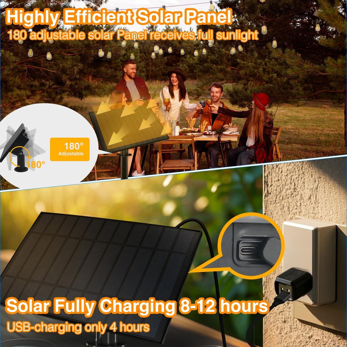 DAYBETTER 50ft Solar String Lights Outdoor Waterproof - 25 Bulbs 2700K Warm White with 3W Solar Panel 12+ Hours Runtime-Garden Patio Lights for Backyard Wedding Camping Homeowners