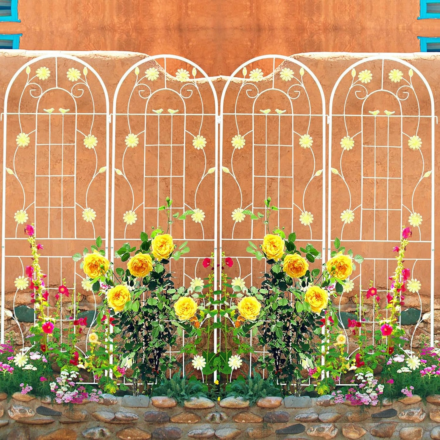 4 Pack Metal Garden Trellis 71" H Cream White Garden Fence Rustproof Trellis for Climbing Plants Support Roses Flower Outdoor Lawn, White 6FT