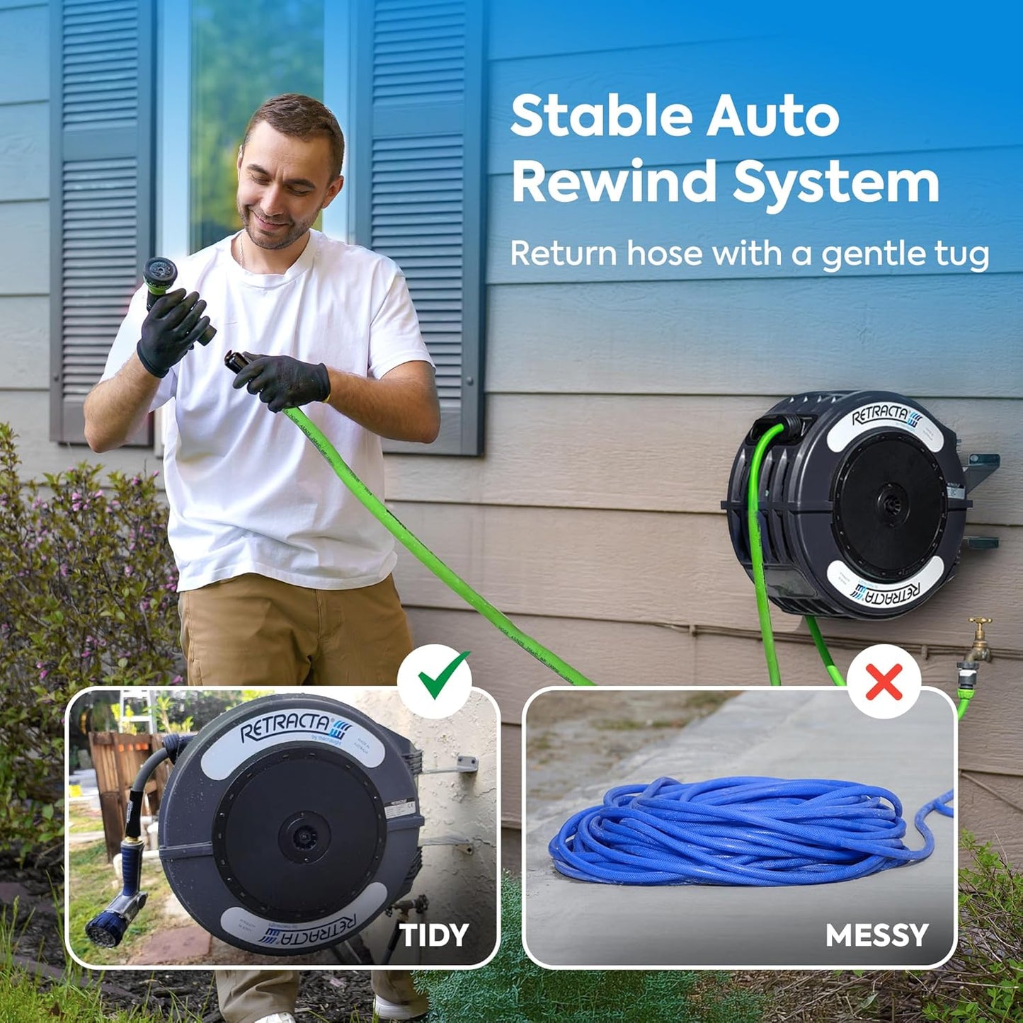 Macnaught Retractable Garden Hose Reel, 82 Ft Water Hose Reel Heavy Duty Retractable Hose with Metal 180° Swivel Rotation Bracket for Wall Mount - Gray