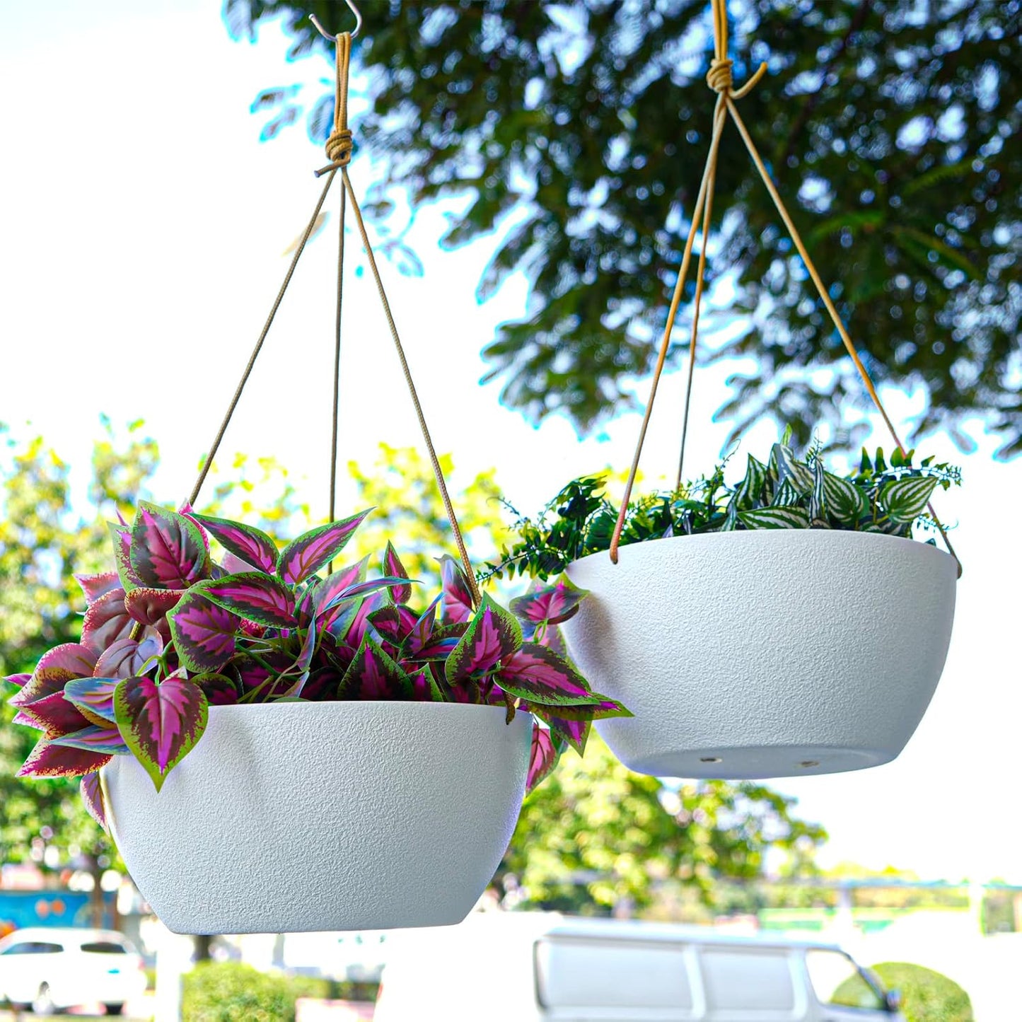 12 Inch 2 Pack Large Hanging Planters for Indoor Outdoor Plants, Plastic Hanging Basket Pots for House Plants Flowers, White