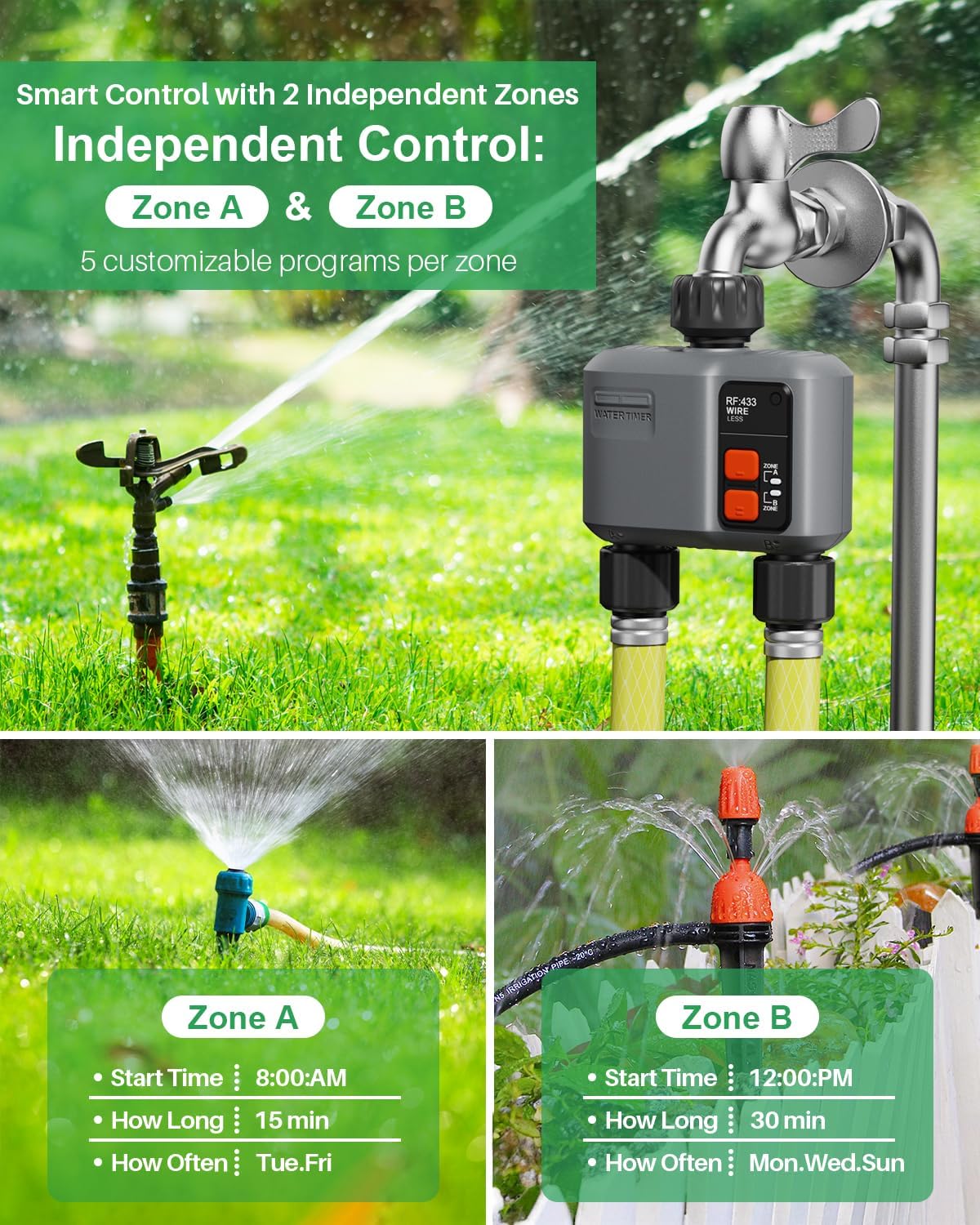 WiFi Sprinkler Timer 2 Zone with 984 Feet RF Gateway, 2 Pack Smart Water Timer for Garden Hose with Rain Delay/Manual/Automatic,WiFi Water Hose Timers for Garden & Lawns