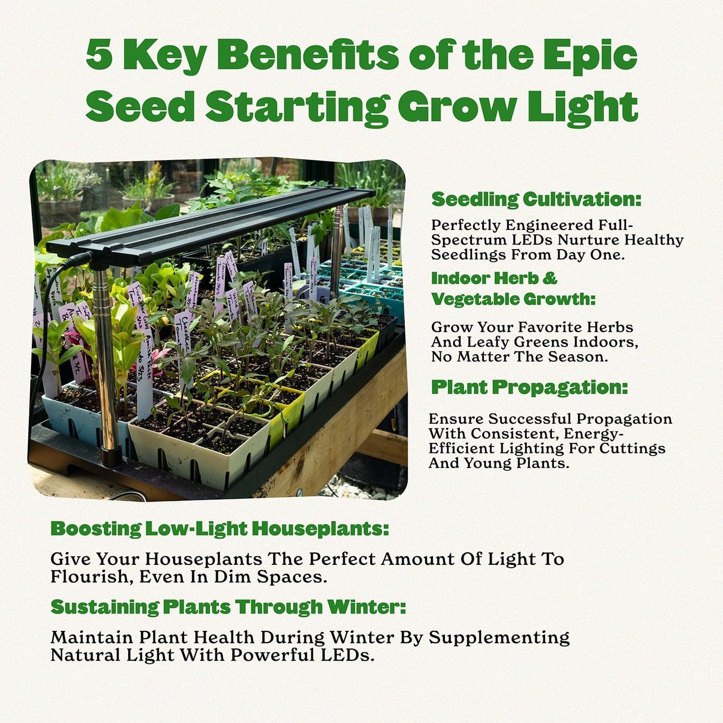 Epic Gardening Seed Starting Grow Light - Full-Spectrum LED with Adjustable Height & Integrated Tray for Indoor Seedlings | Energy-Efficient, Long-Lasting Light with Timer (Standard)