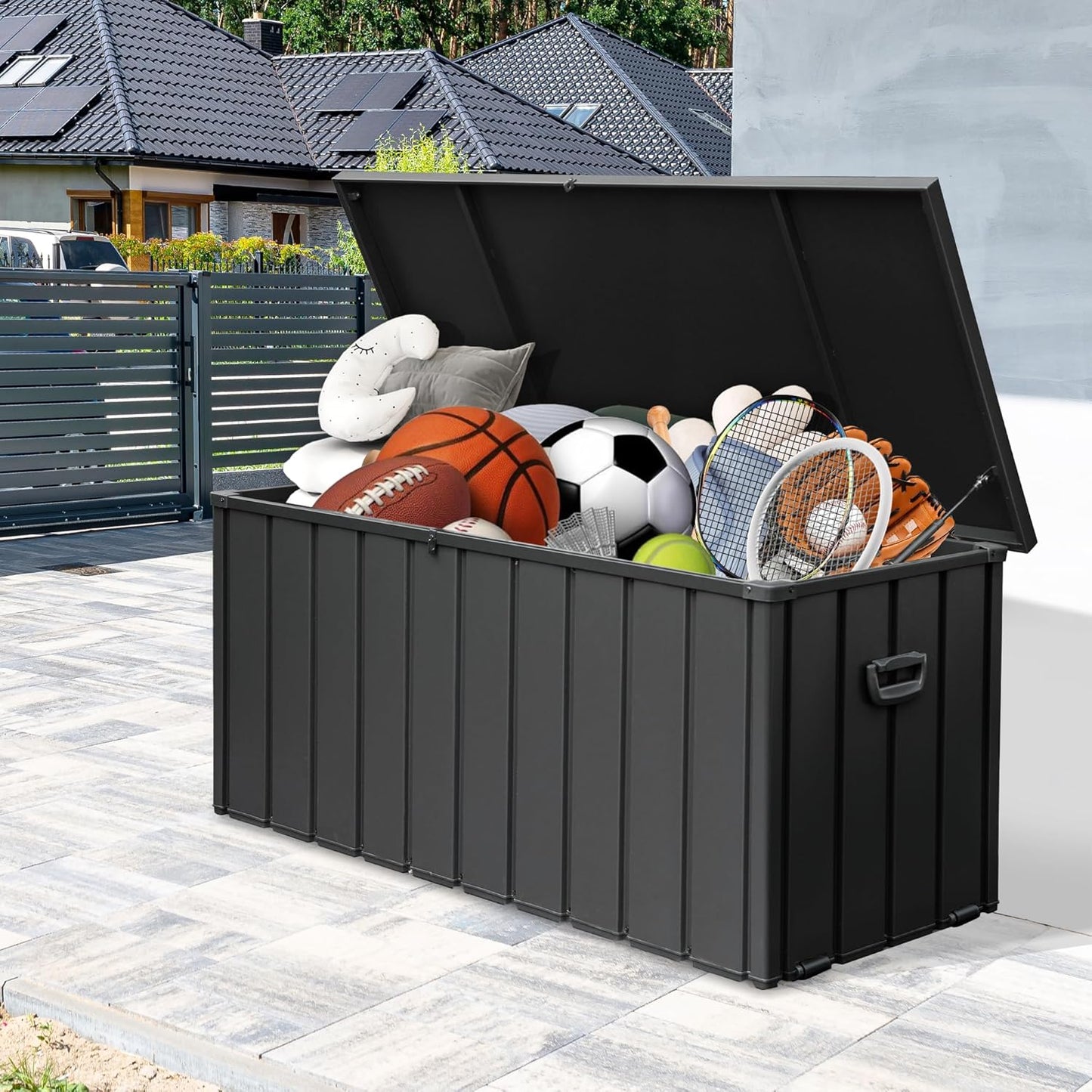 100 Gallon Metal Outdoor Storage Box, Waterproof Steel Deck Box, Large Patio Furniture Storage Cabinet, Lockable Storage Bench for Porch Package Delivery, Cushions, Pool, Tools- Dark Grey