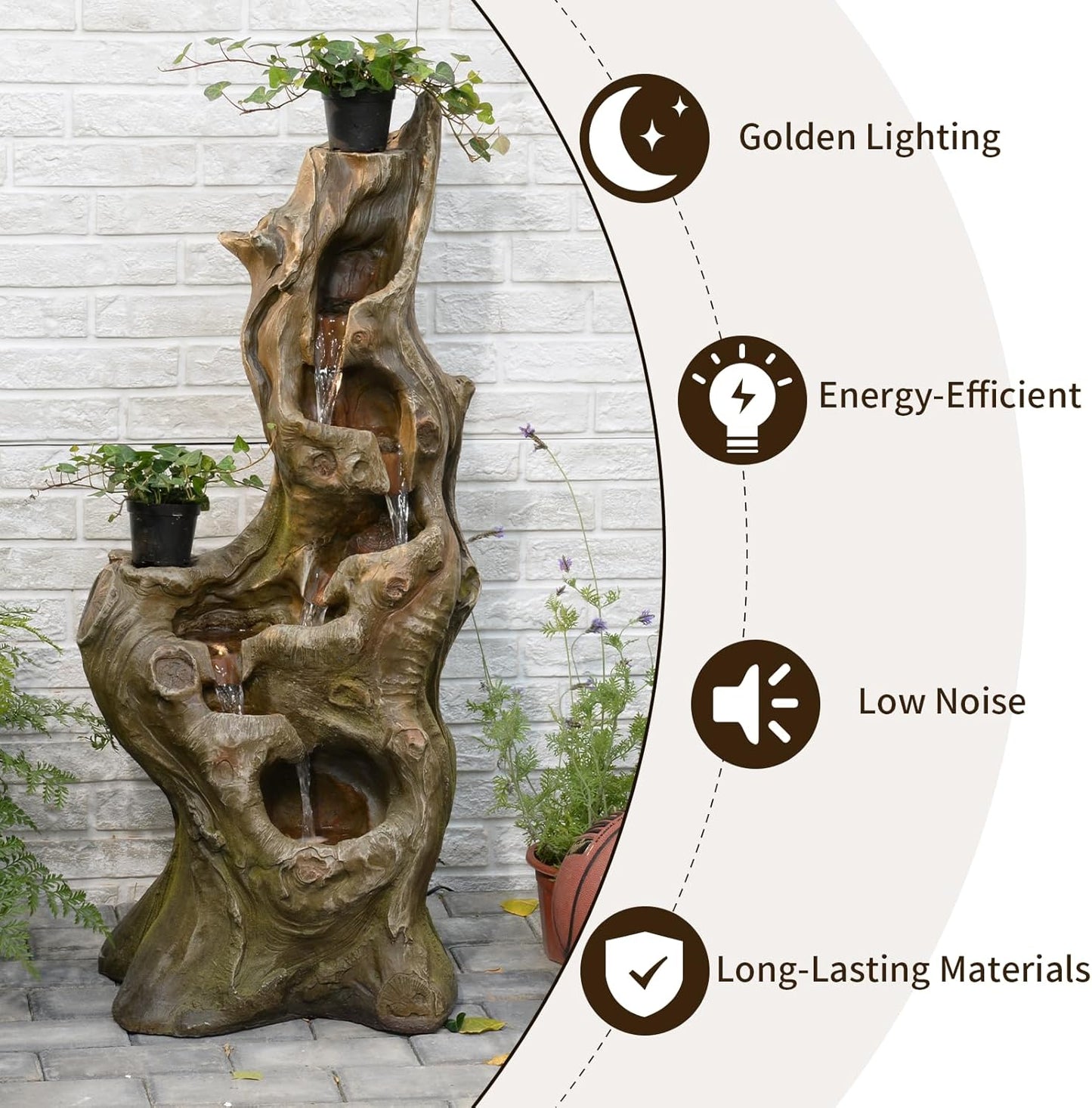 Water Fountain Outdoor 5-Tiers Large Cascading Realistic Tree Trunk Natural Waterfall Outdoor Fountain Resin Imitation Wood with LED Lights for Garden, Patio, Porch