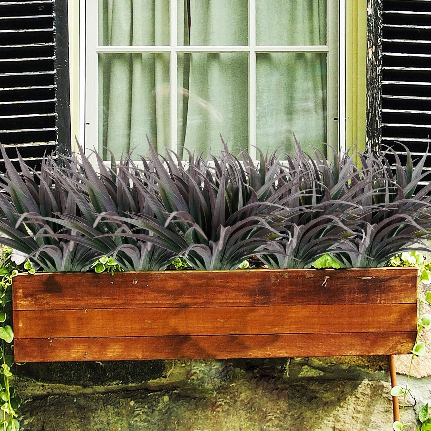 16Pcs Artificial Grass Fake Plants 17.3in Outdoor Plants UV Resistant Faux Greenery Stems Fake Grass for Home Window Garden Office Patio Pathway Front Porch Décor Green & Black