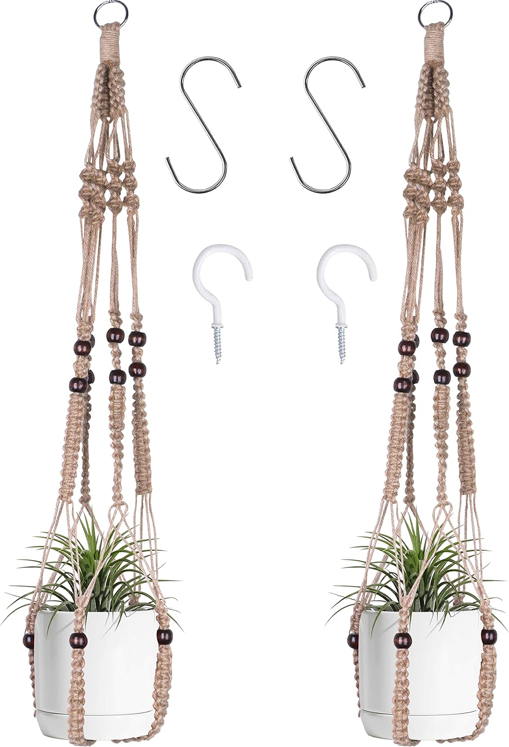 Macrame Plant Hanger Indoor Hanging with Wood Beads Macrame Planters No Tassel for Indoor Outdoor Boho Home Decor 35 Inch(Brown, 2)