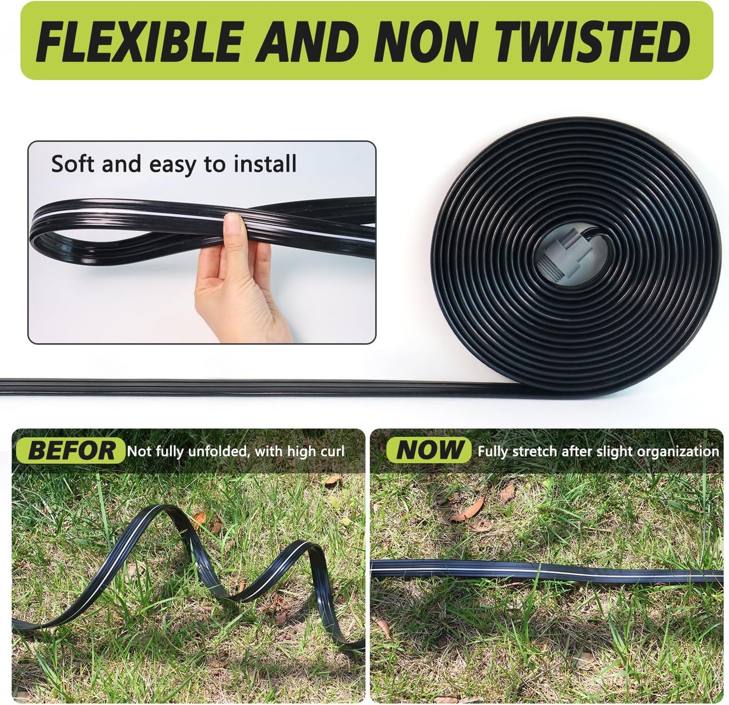 2-Pack Sprinkler Hose with Holes 15 Ft, Flat Soaker Hose 30 ft with Garden Staples, Drip Irrigation Hoses for Lawn, Watering Hose System (Black, 30 ft(15ftx2pack))