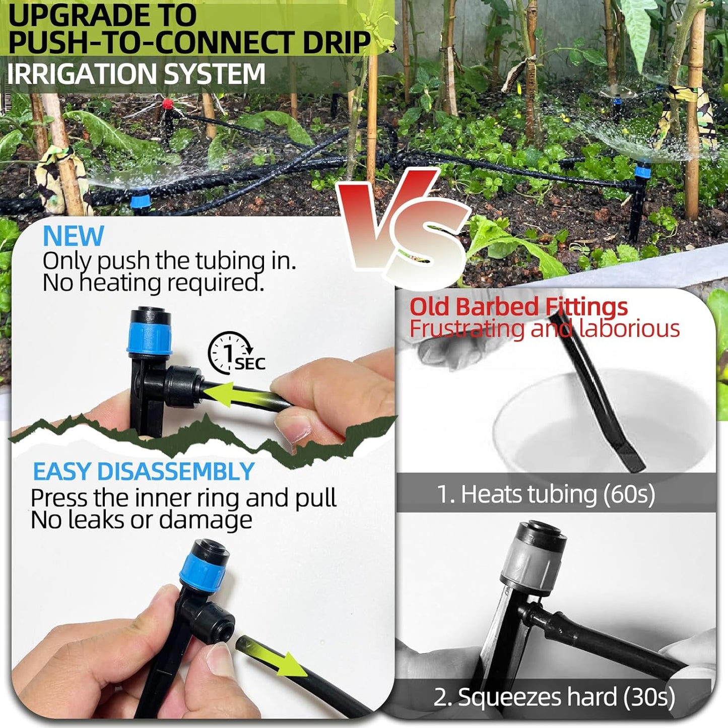 Push-to-Connect Drip Irrigation System Adjustable Irrigation System for Garden Raised Bed Automatic Plant Watering System Complete Drip Irrigation Kit with Drip Emitters, Tubing, Connectors