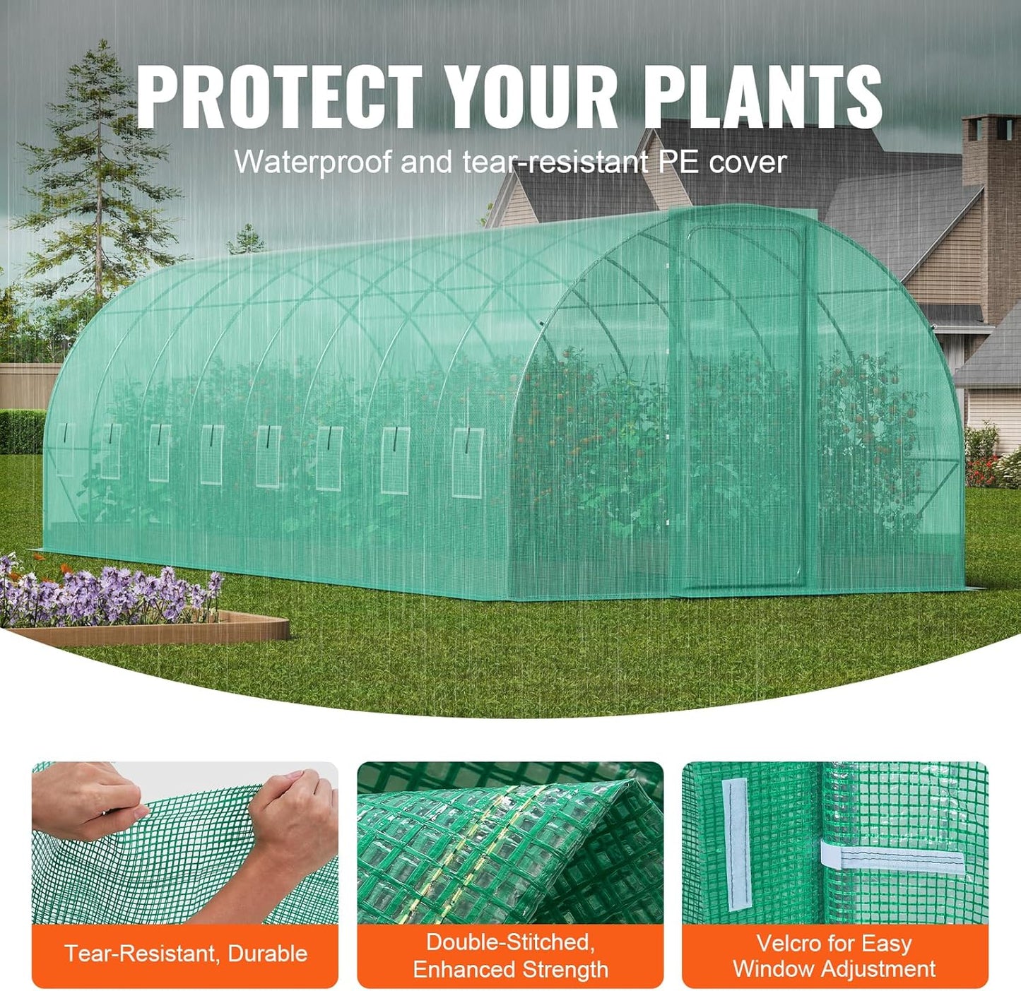 VEVOR Walk-in Tunnel Greenhouse, 27.4x9.5x7.4 ft Hoop House Greenhouse Tunnel, Plant Hot House with Galvanized Steel Frame, Green PE Cover, Swing Door and 16 Roll-up Windows for Outdoor