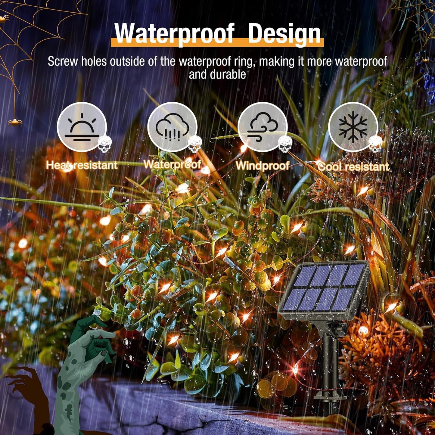 4 Pack Solar Halloween String Lights Outdoor - 320LED 132FT Orange Solar Fairy Lights Outside Waterproof, 8 Modes Solar Powered Twinkle Lighting Decorations for Tree Garden Yard Spooky Patio Party