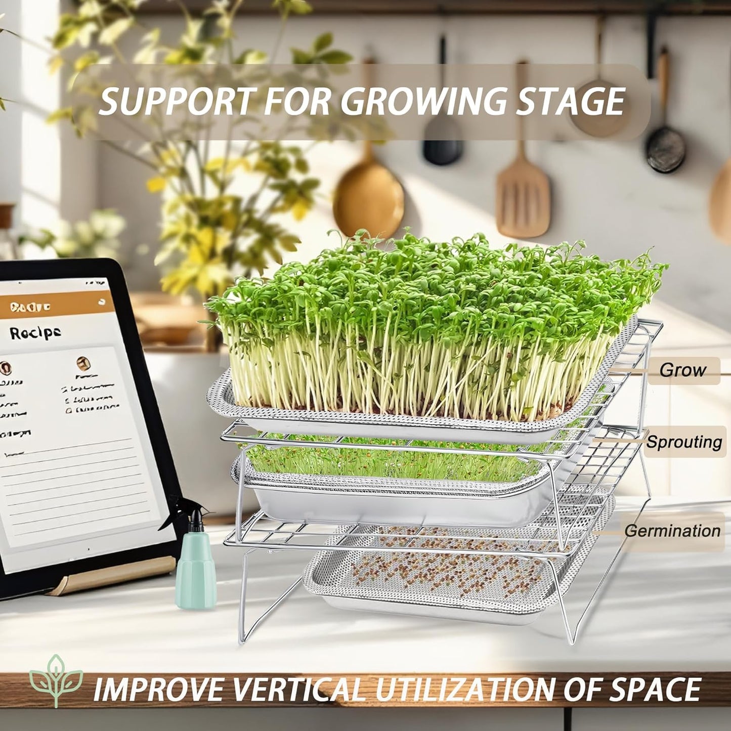 Sprouts Growing Rack 3-Tier 14 inch Shelf, Metal Foldable Plant Stand for Sprouting Tray Indoor, Seed Starting Tray Plant Shelf, Silver Rack for Kitchen Table Top Space Saving