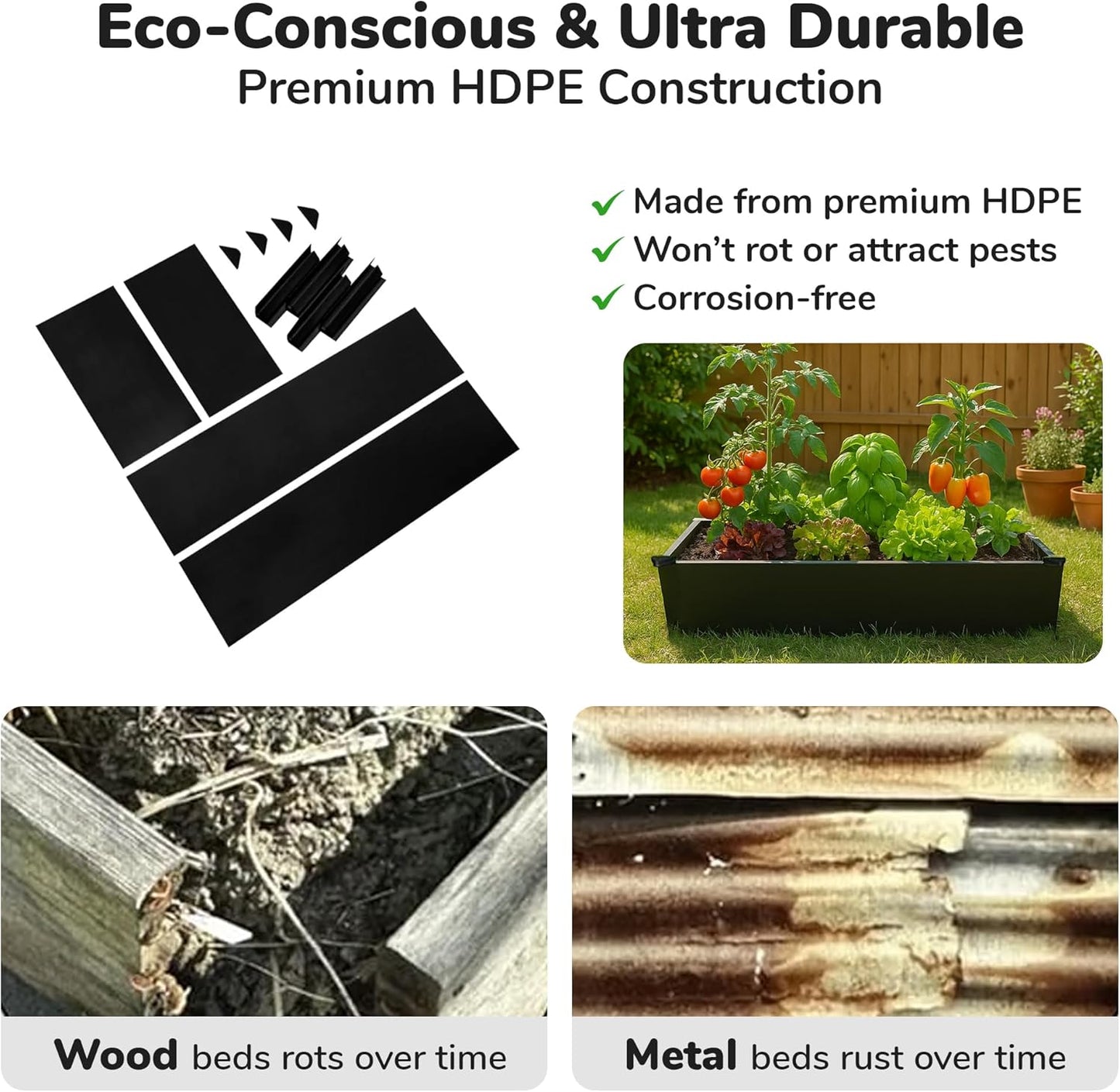Raised Garden Bed - 2x4 ft Planter Box - Black HDPE - No Tools Needed - DIY Kit for Urban Gardening, Flowers, Herbs & Vegetables - Made in The USA
