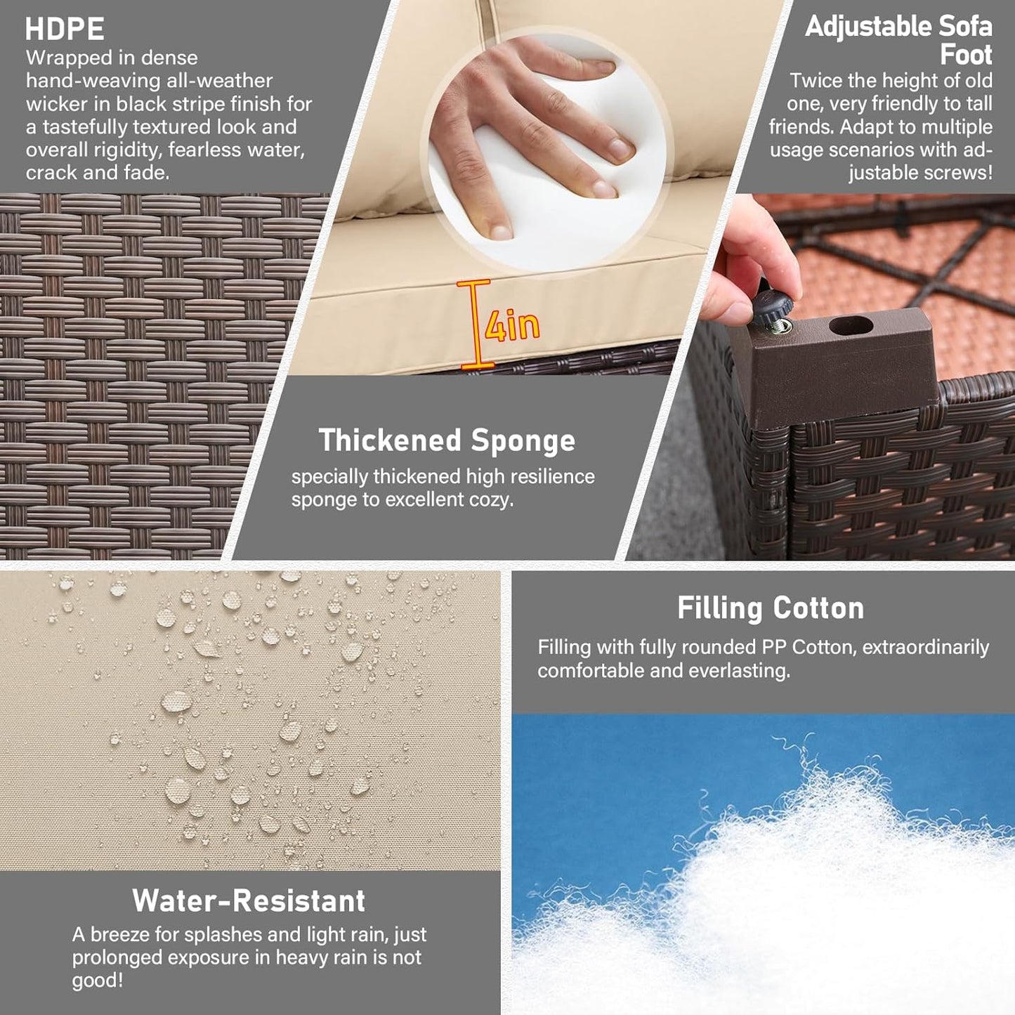 Patio Furniture 3-seat Sofa Wicker Outdoor Furniture Outdoor Couch Deep Seat Hight Backrest Non-Slip Cushions, Khaki