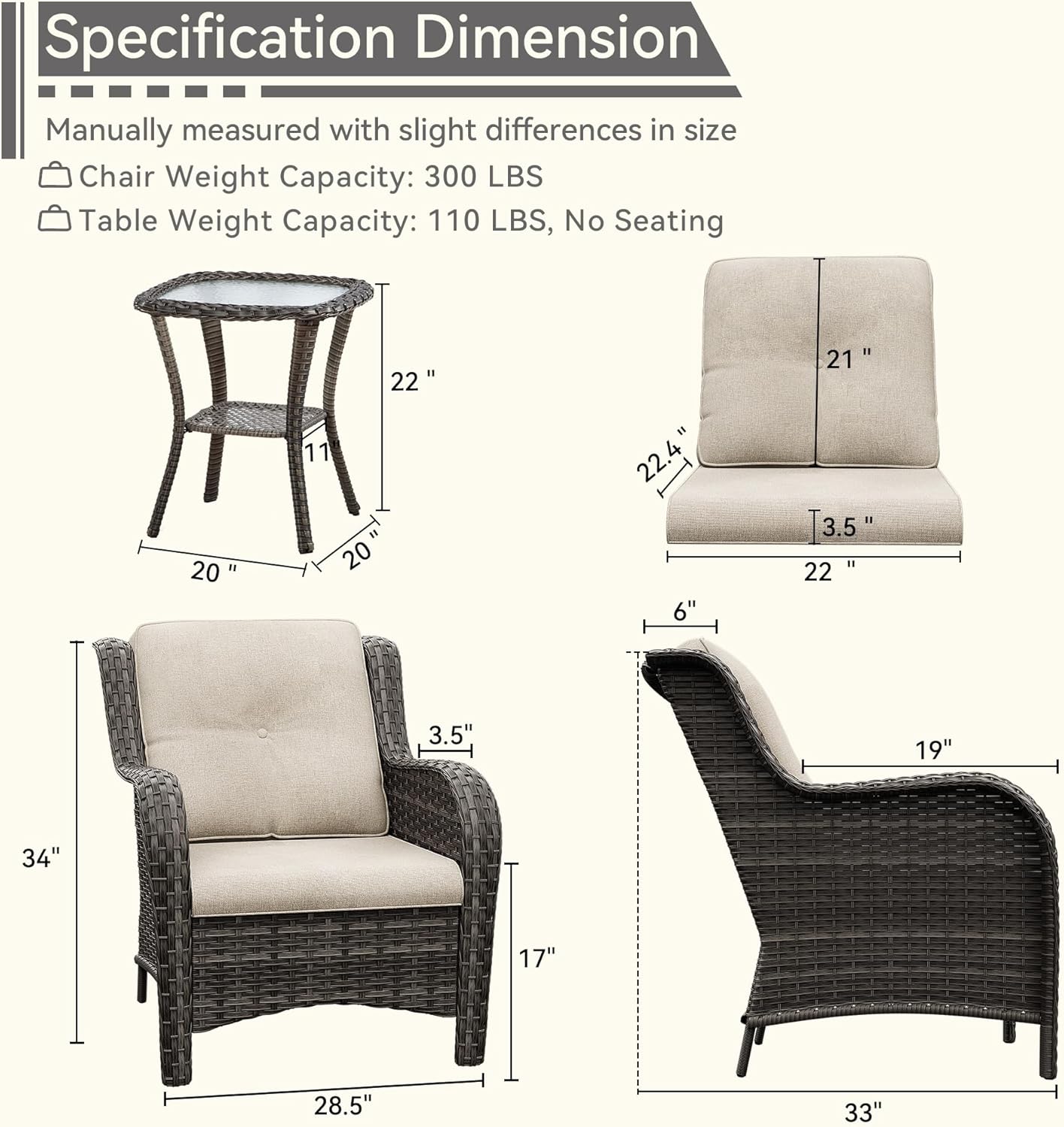 3 Pieces Outdoor Patio Chairs Set - Wicker Patio Conversation Sets with 1 Side Table, Olefin Fabric Cushions Suitable for Backyard Deck and Porch,Beige