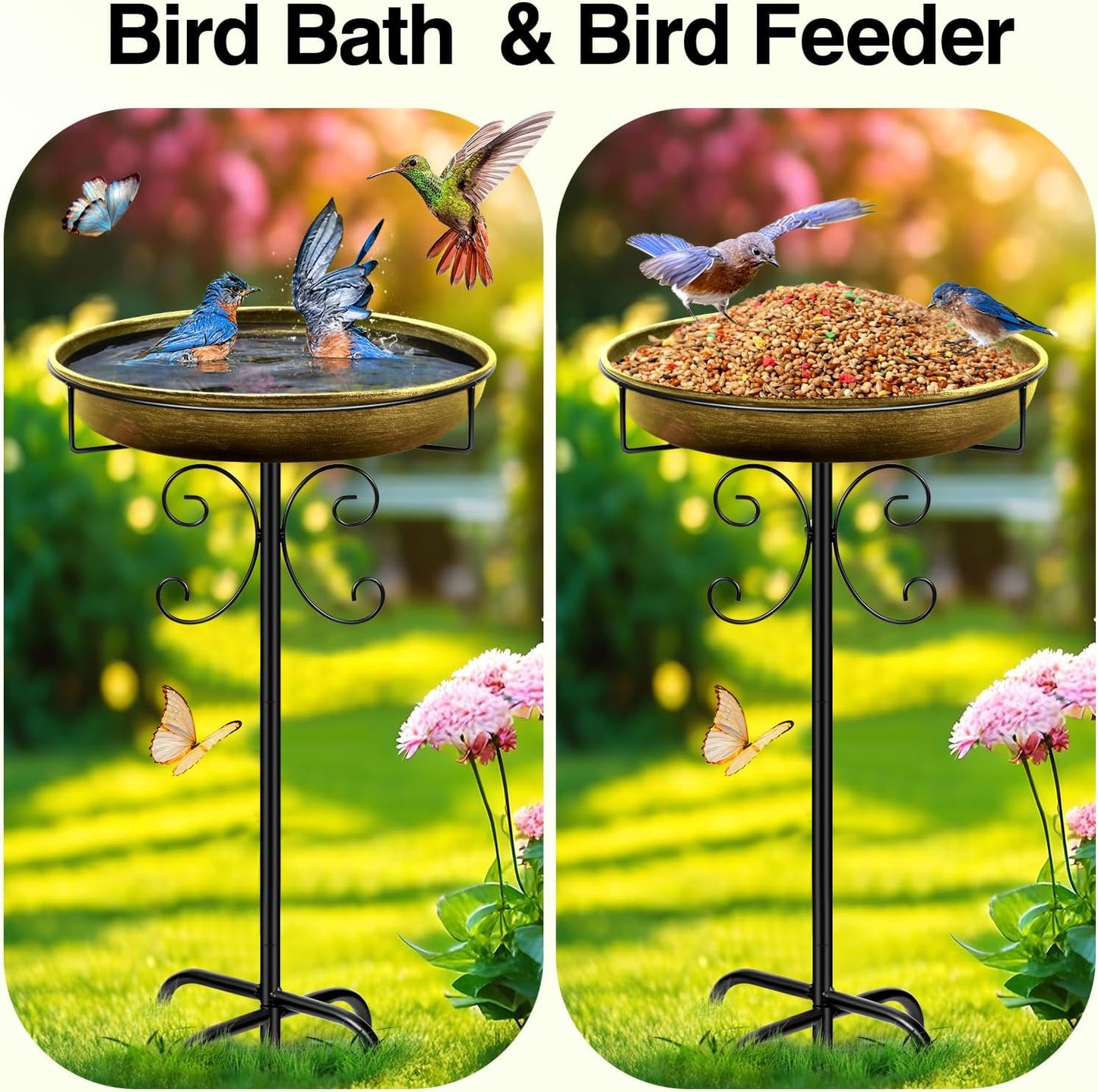 Daoeny 35In Metal Bird Bath for Outside, Vintage Bird Bath Bowl, Detachable Birdbath & Birdfeeder with 5 Prongs Base Stake, Bird Baths for Outdoors Garden Yard Lawn Decor (Antique Golden)
