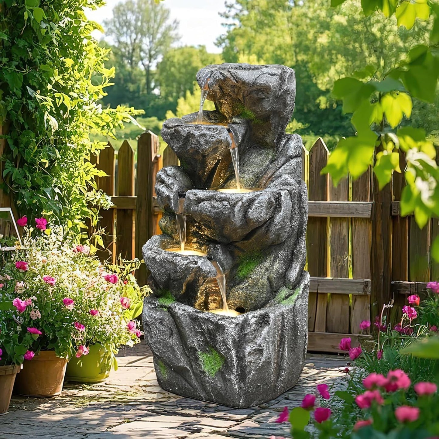 Water Fountain Outdoor 31.59" H Cascading Rock 5-Tier with LED Lights Waterfall for Garden, Landscaping, Patio, Backyard, Balconies, Lawns, Porch and Home Art Decor Living Space