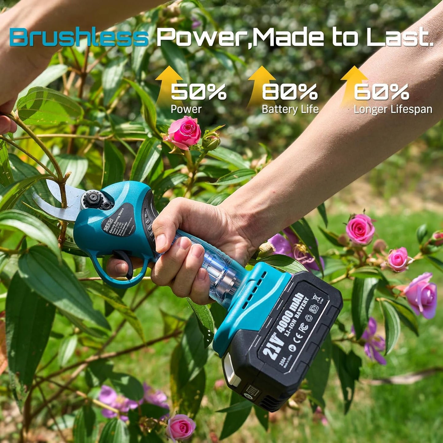 Seesii 2-in-1 Electric Pruning Shears with Pole, 15Ft Reach, 1.2" Cutting Diameter, 21V 4000mAh Battery, Cordless Pruner with Brushless Motor for Orchard, Flower, Branch, Tree Trimming