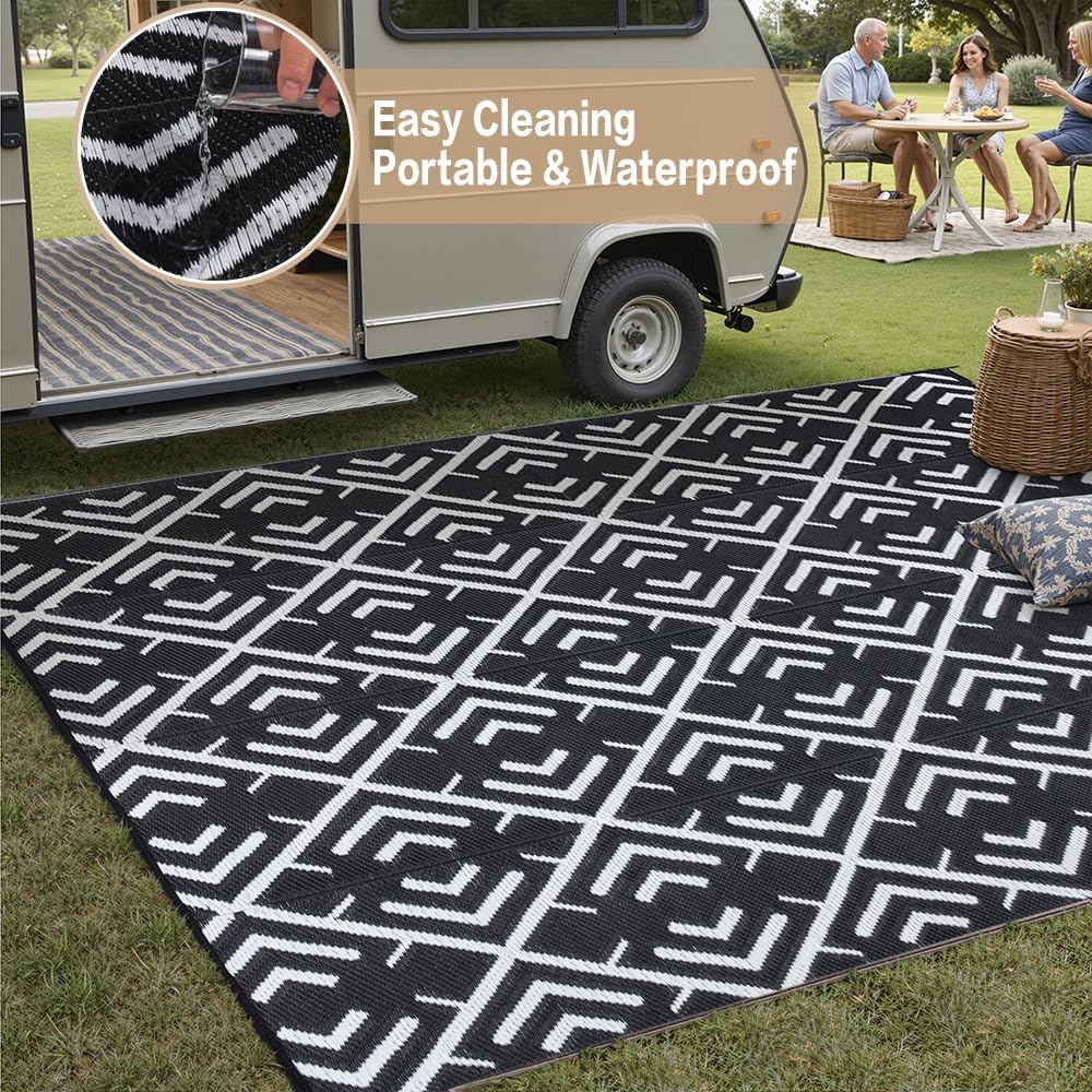 Outdoor Rug Mats, Large Waterproof Outdoor Area Rug, Reversible Portable Outdoor Plastic Straw Carpet for RV Deck Camping Front Door Indoor Outside Porch Picnic (5x8ft Geometric Black&White)
