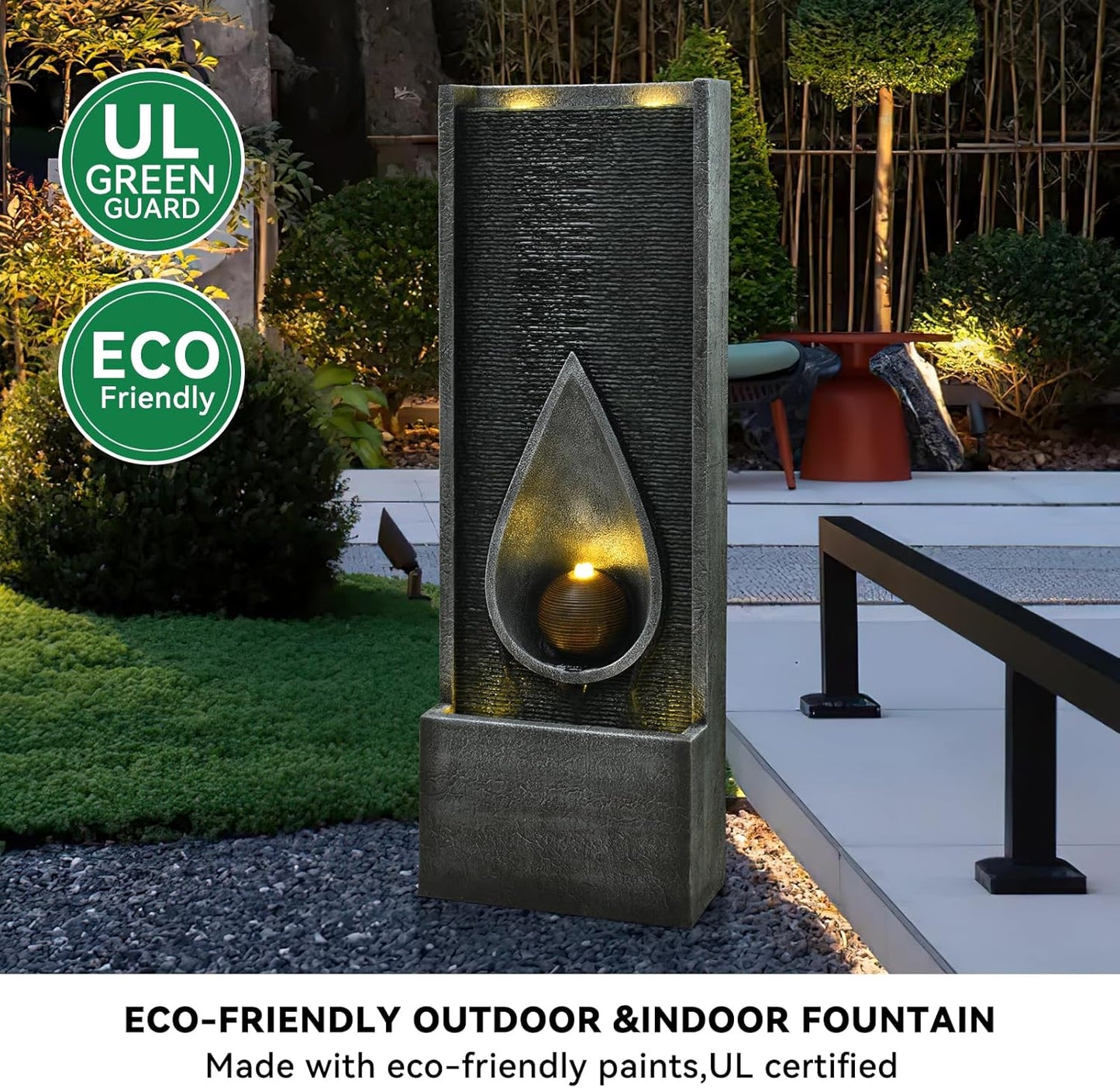 Water Fountain Indoor Outdoor, 53.14inch Modern Cascading Waterfall Feature with LED Lights, Tall Floor Standing Fountain for Garden, Deck, Patio, Porch, Yard Decor (53)